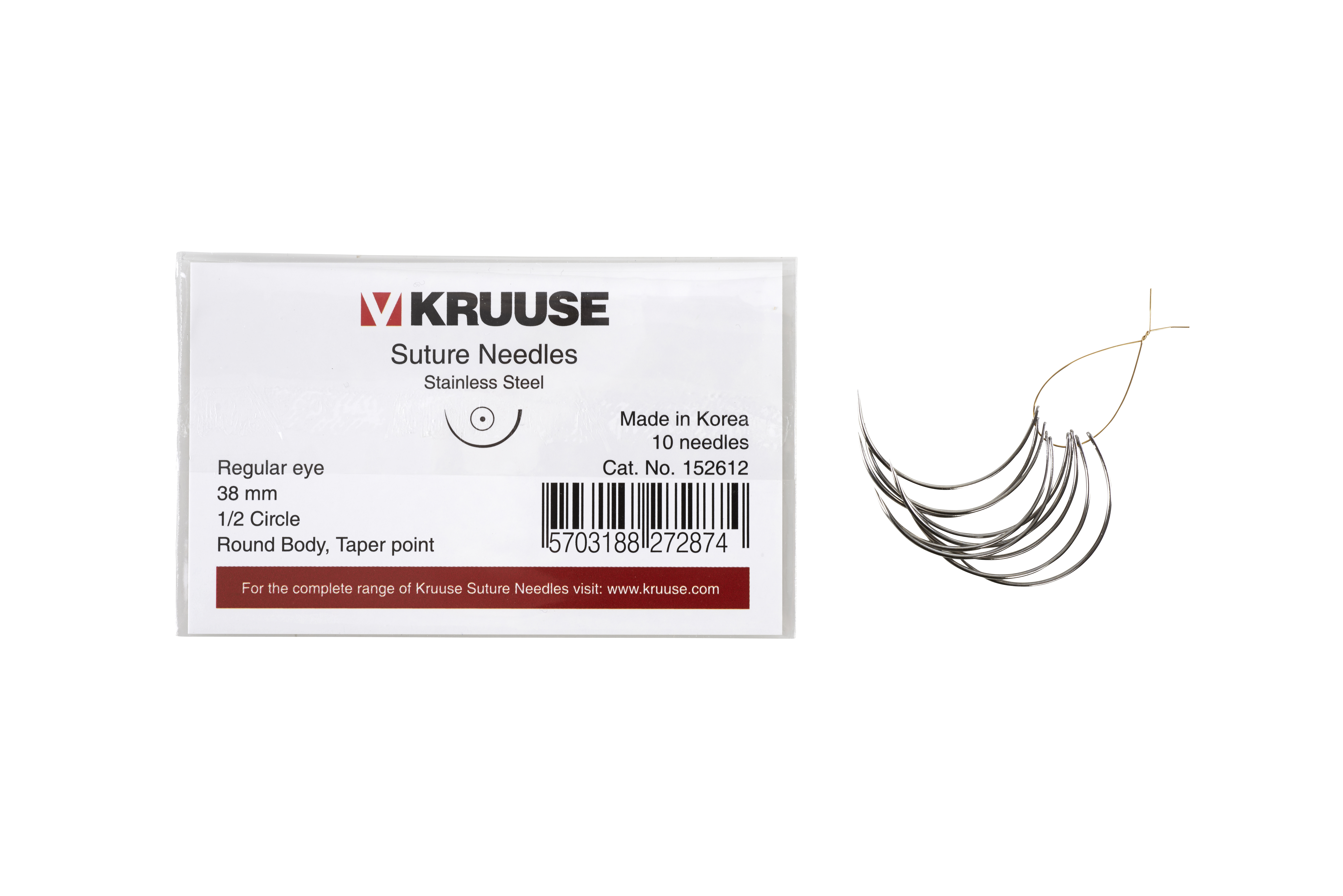 KRUUSE Suture Needle, regular eye, ½ circle, round body, taper point, 38 mm, 10/pk