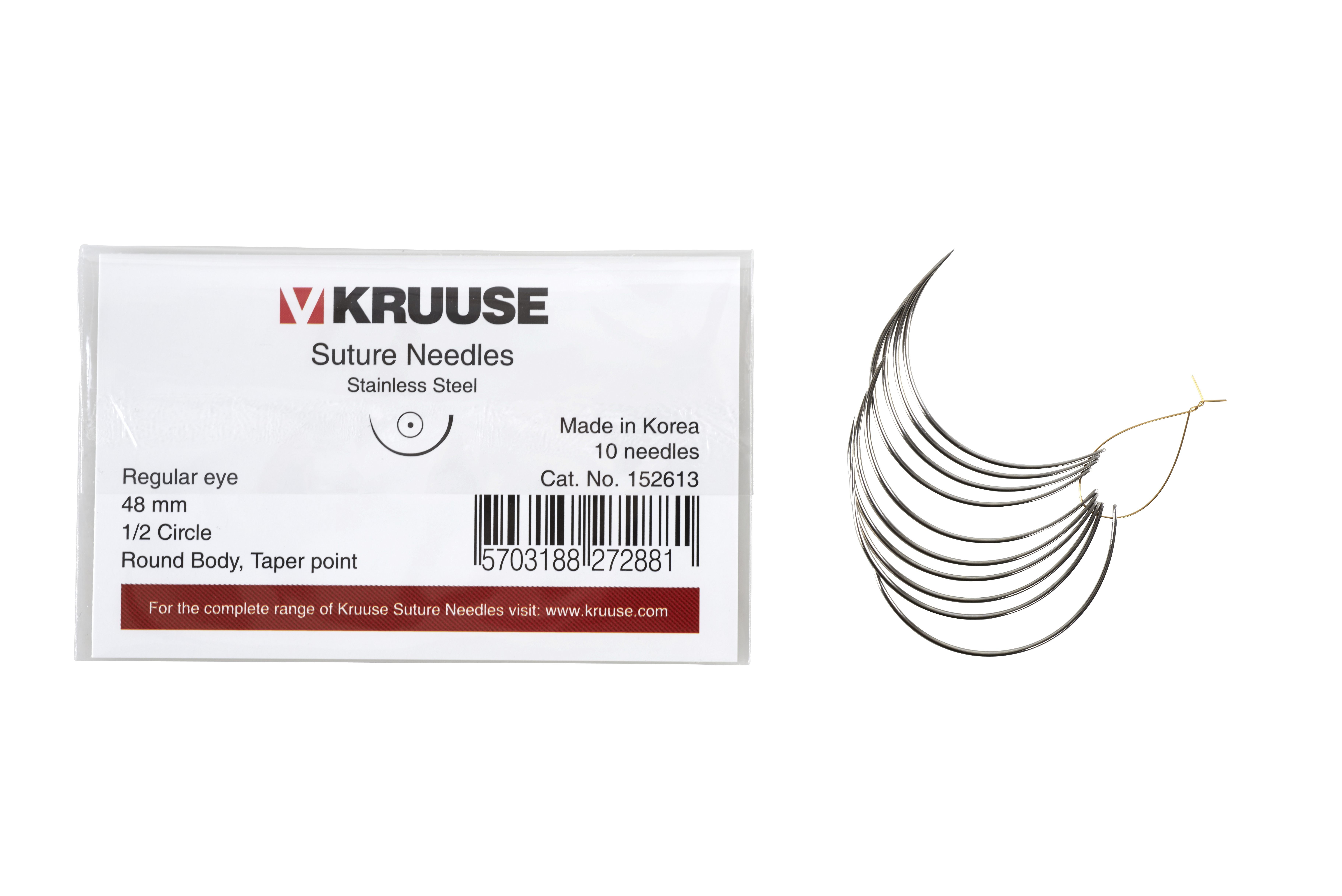 KRUUSE Suture Needle, regular eye, ½ circle, round body, taper point, 48 mm, 10/pk