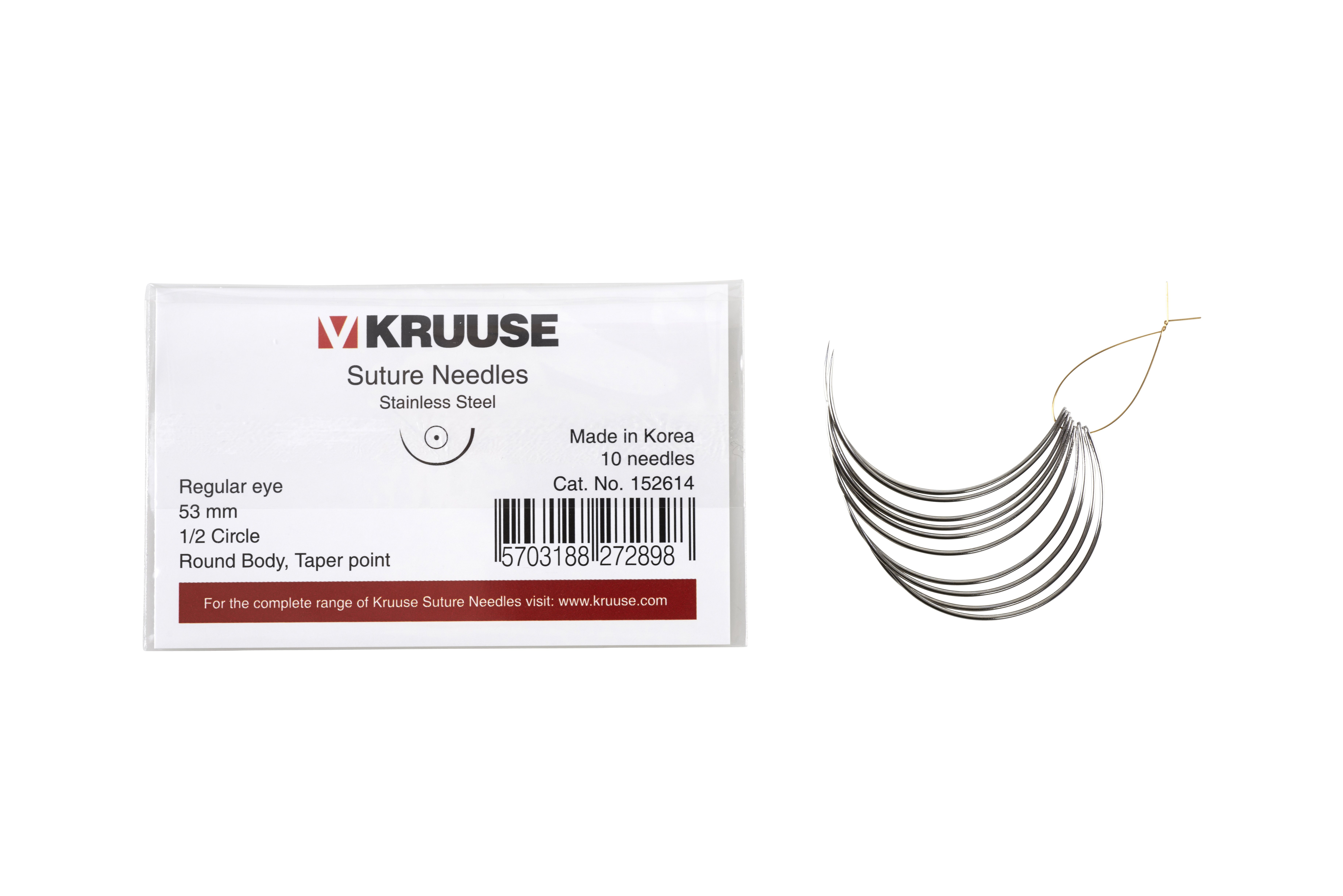 KRUUSE Suture Needle, regular eye, ½ circle, round body, taper point, 68 mm, 10/pk