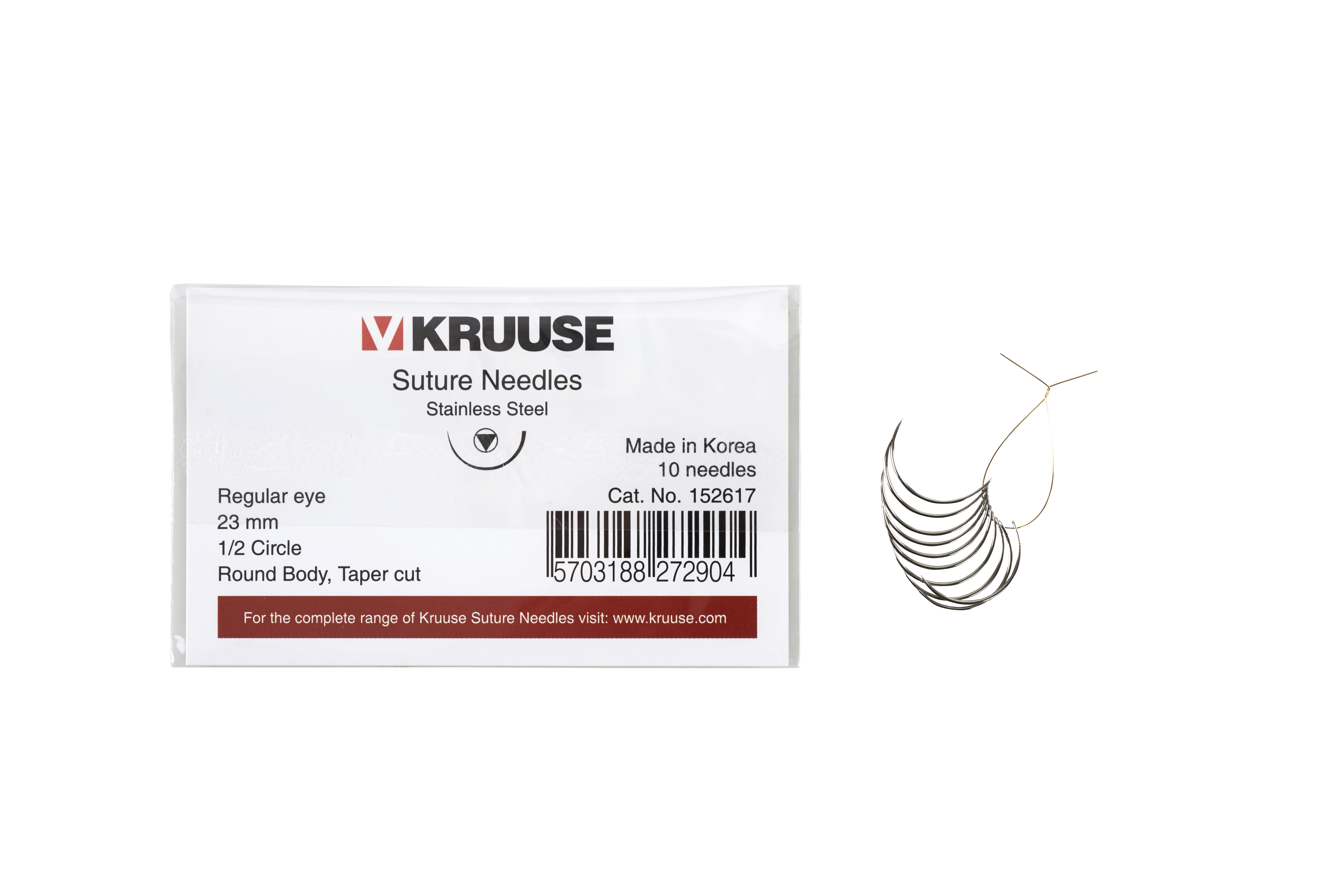 KRUUSE suture needle regular eye, ½ circle, round body, taper cut, 23 mm, 10/pk