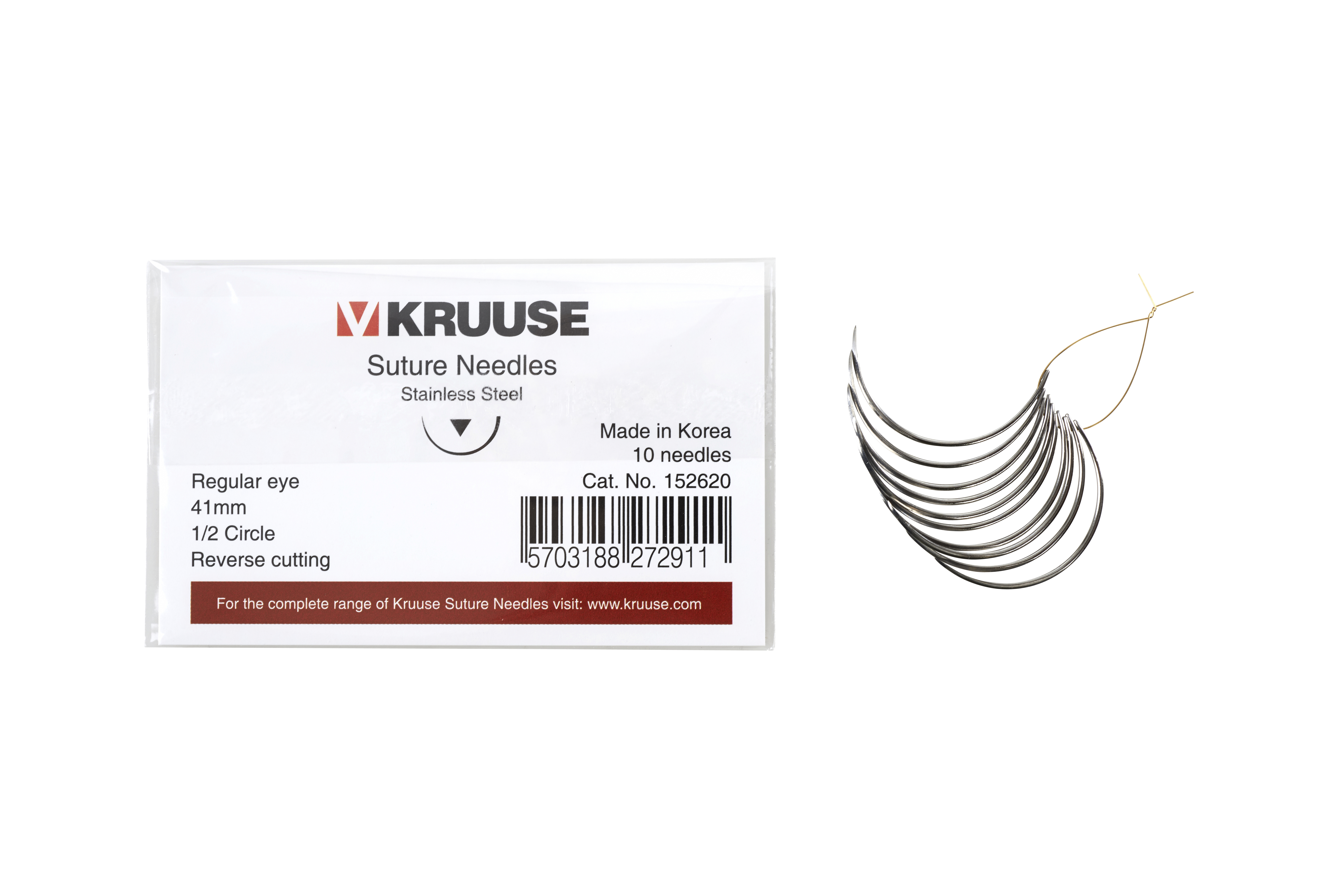 KRUUSE Suture Needle, regular eye, ½ circle, reverse cutting, 41 mm, 10/pk
