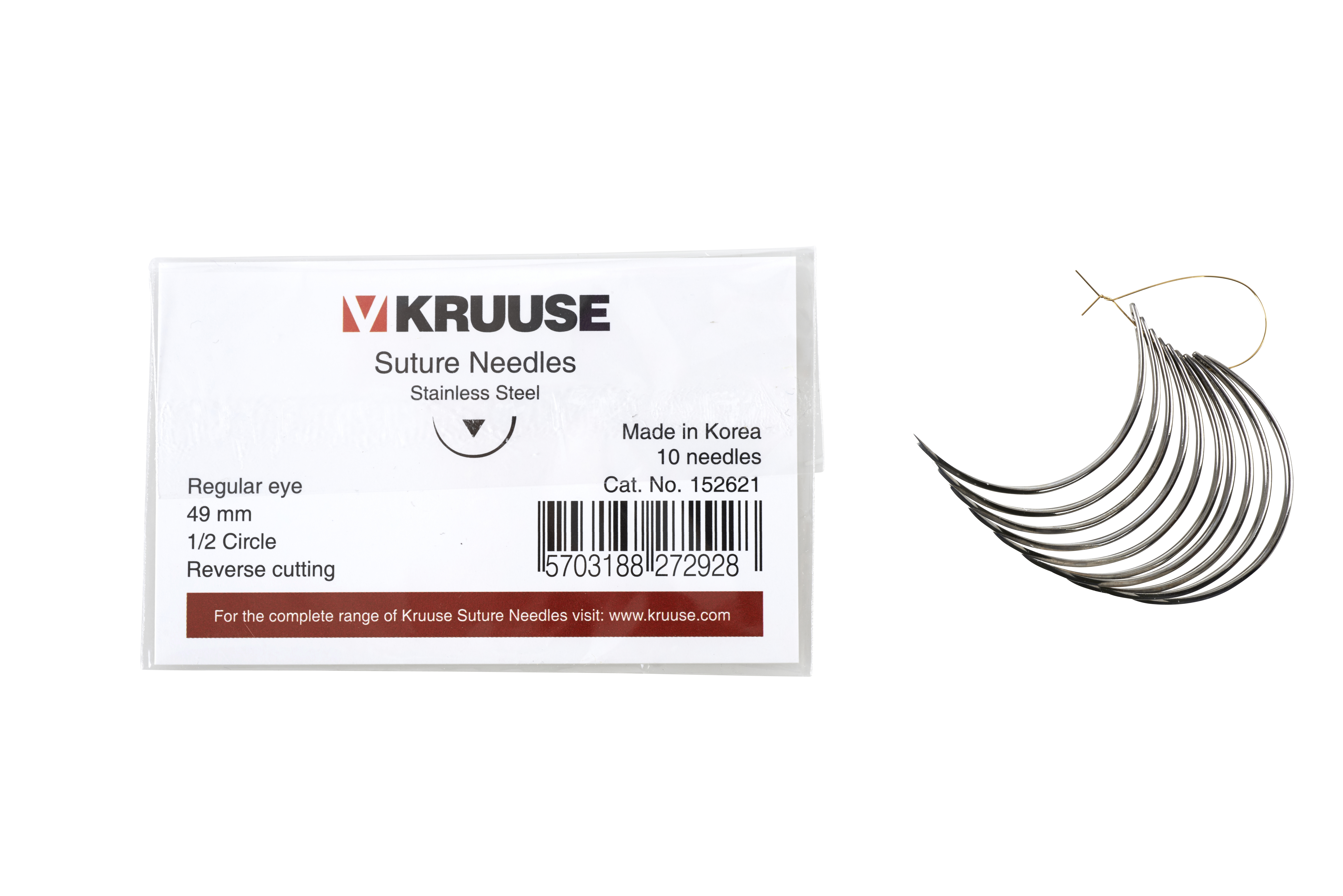 KRUUSE suture needle regular eye, ½ circle, reverse cutting, 49 mm, 10/pk