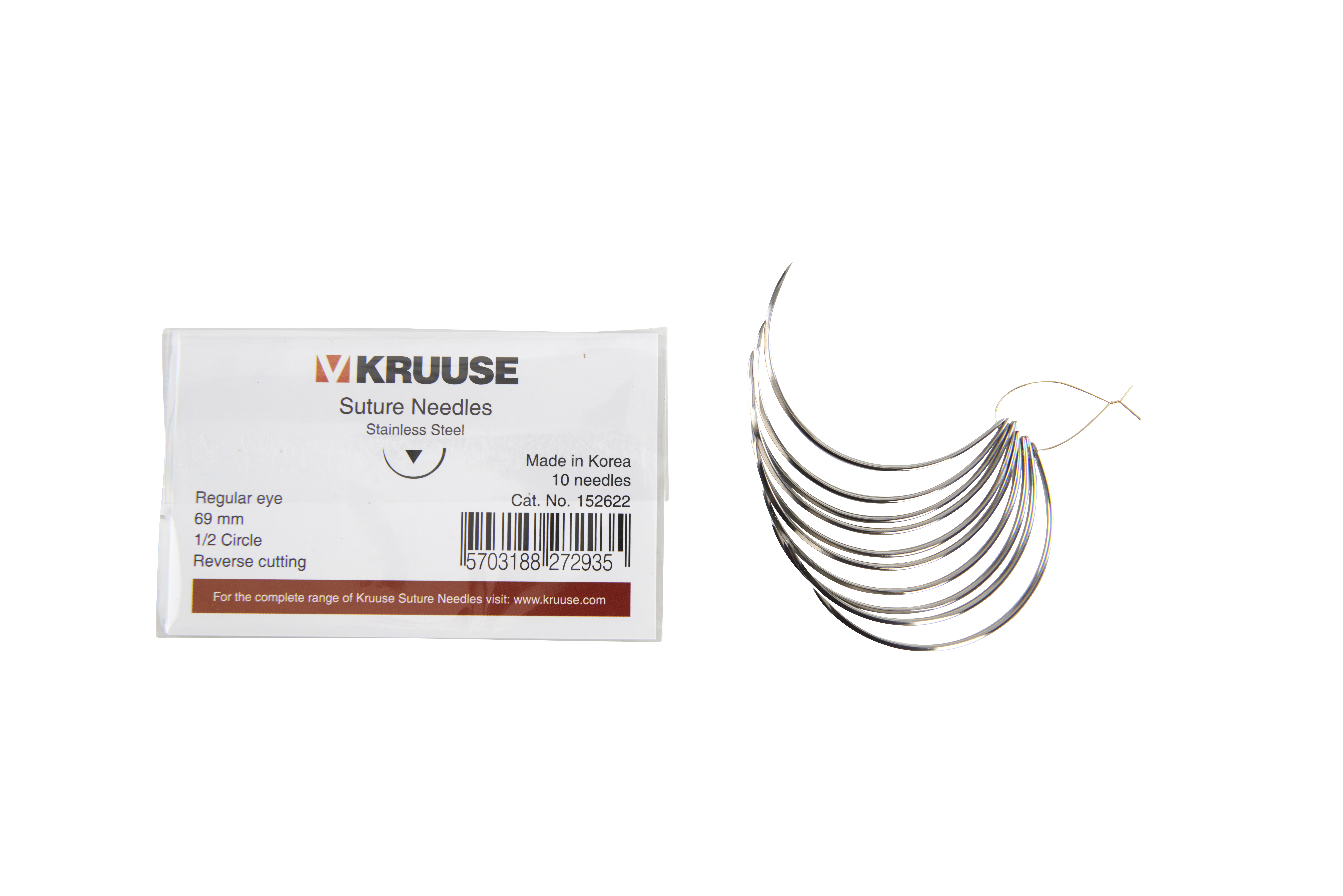 KRUUSE Suture Needle, regular eye, ½ circle, reverse cutting, 69 mm, 10/pk
