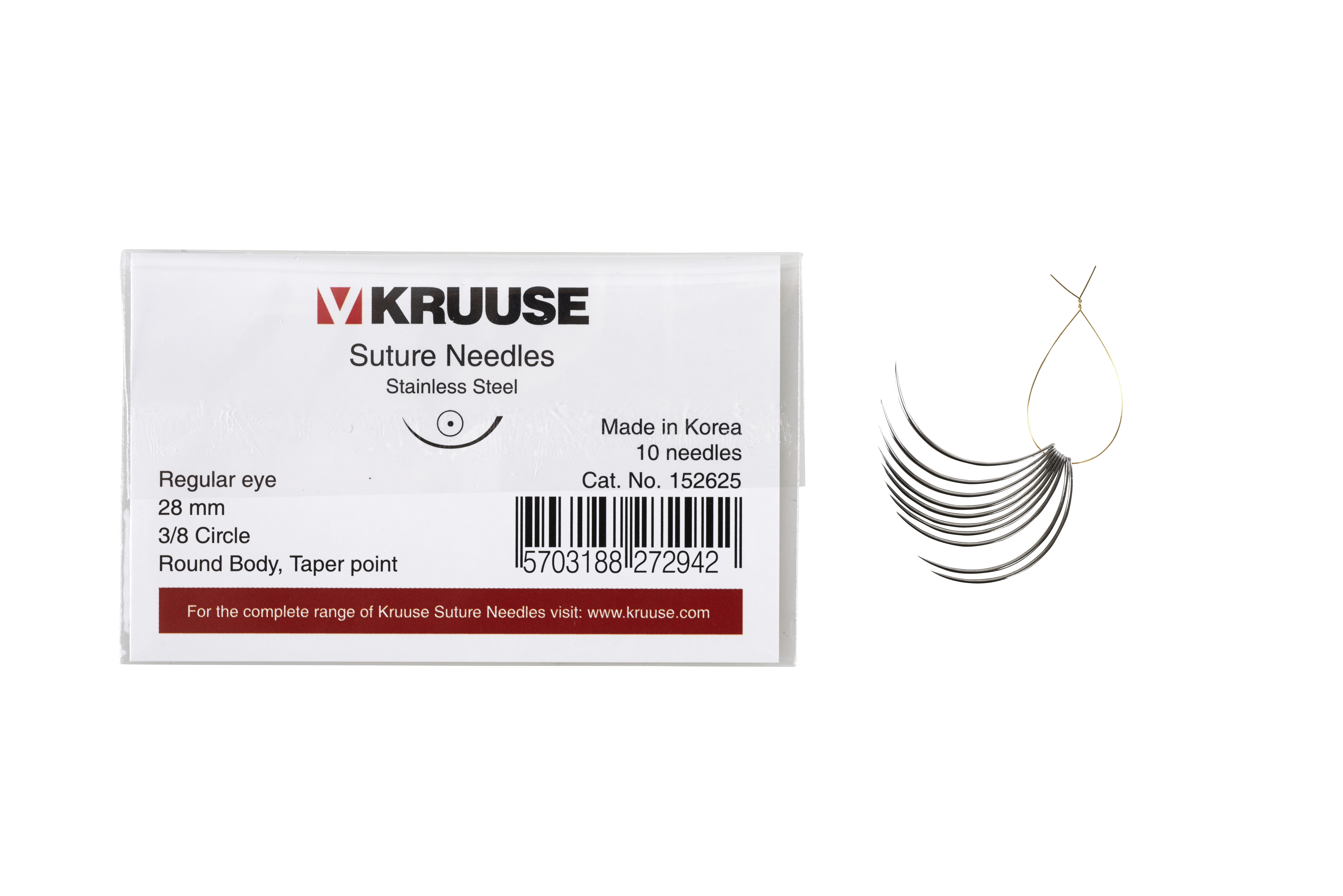 KRUUSE suture needle regular eye, 3/8 circle, round body, taper point, 28 mm, 10/pk