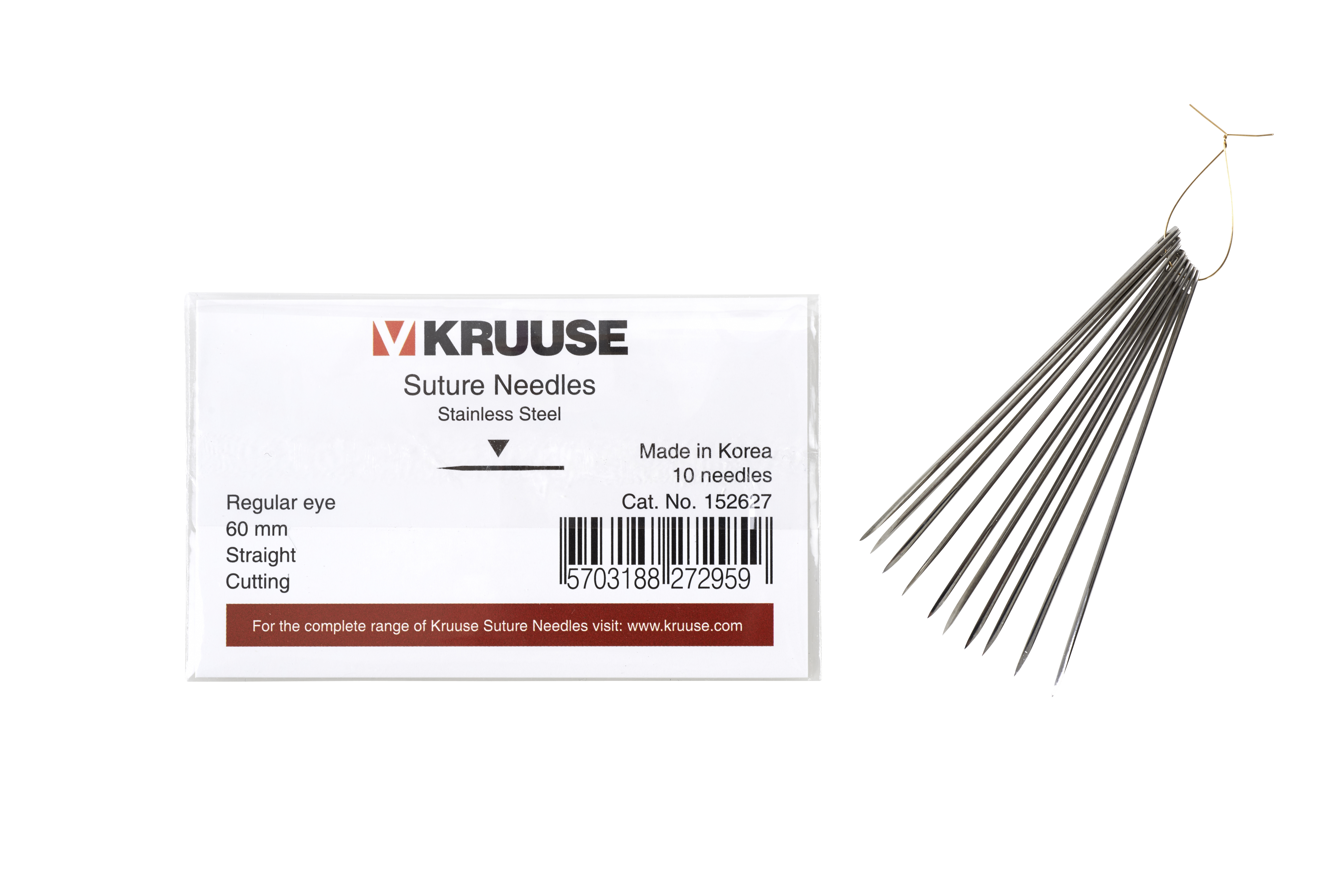 KRUUSE Suture Needle, regular eye, straight, cutting, 60 mm, 10/pk