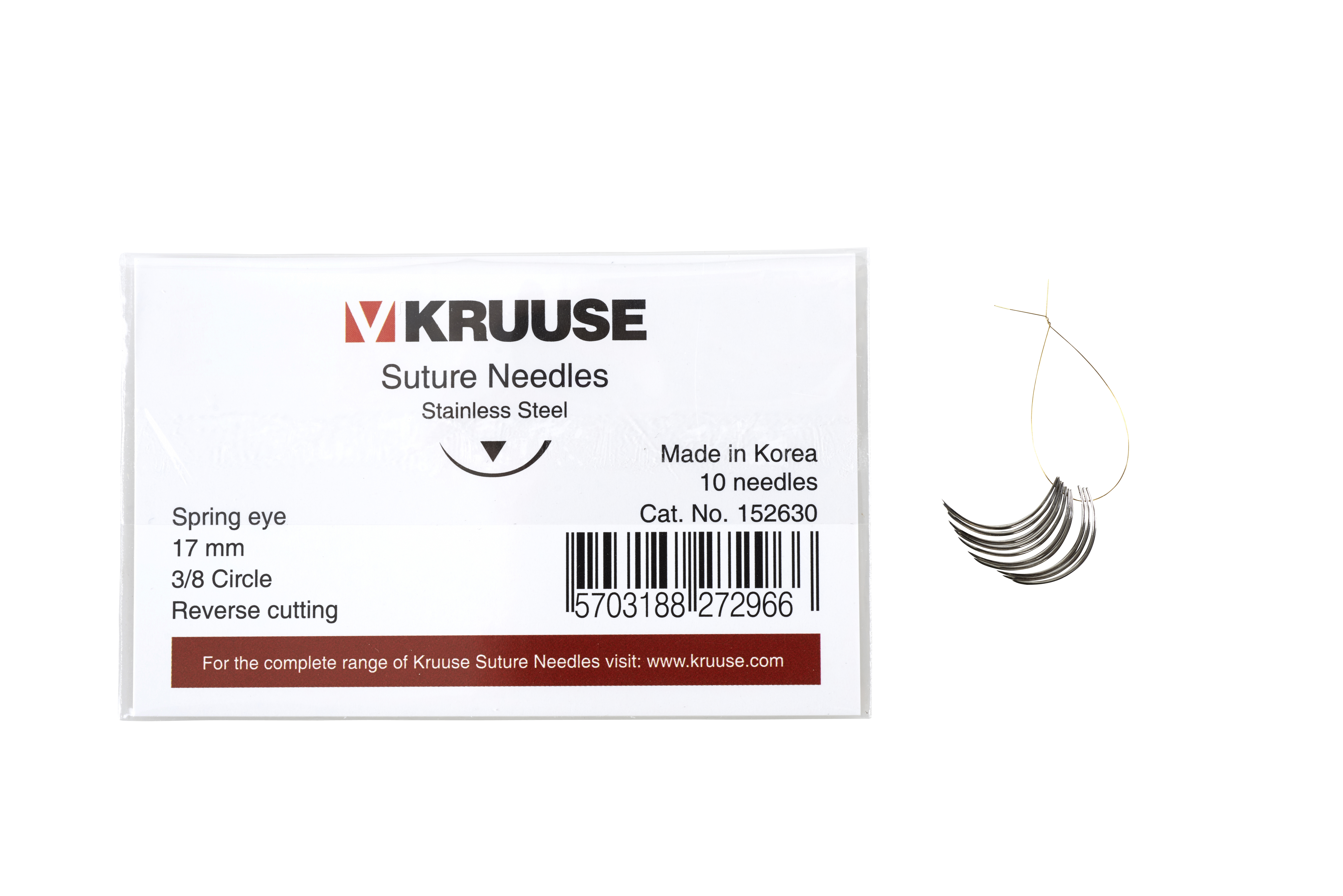 KRUUSE Suture Needle, spring eye, 3/8 circle, reverse cutting, 17 mm, 10/pk