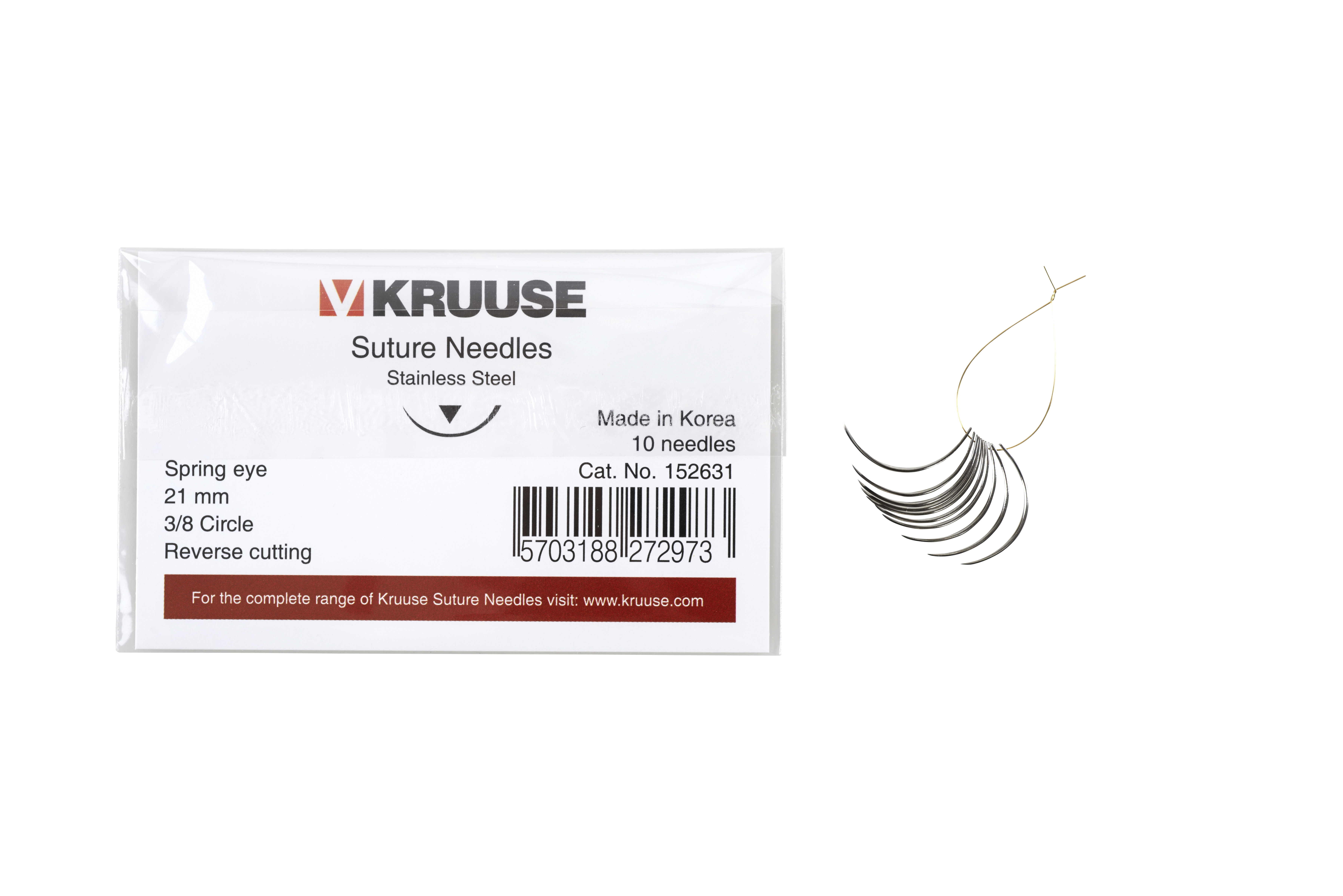 KRUUSE Suture Needle, spring eye, 3/8 circle, reverse cutting, 21 mm, 10/pk