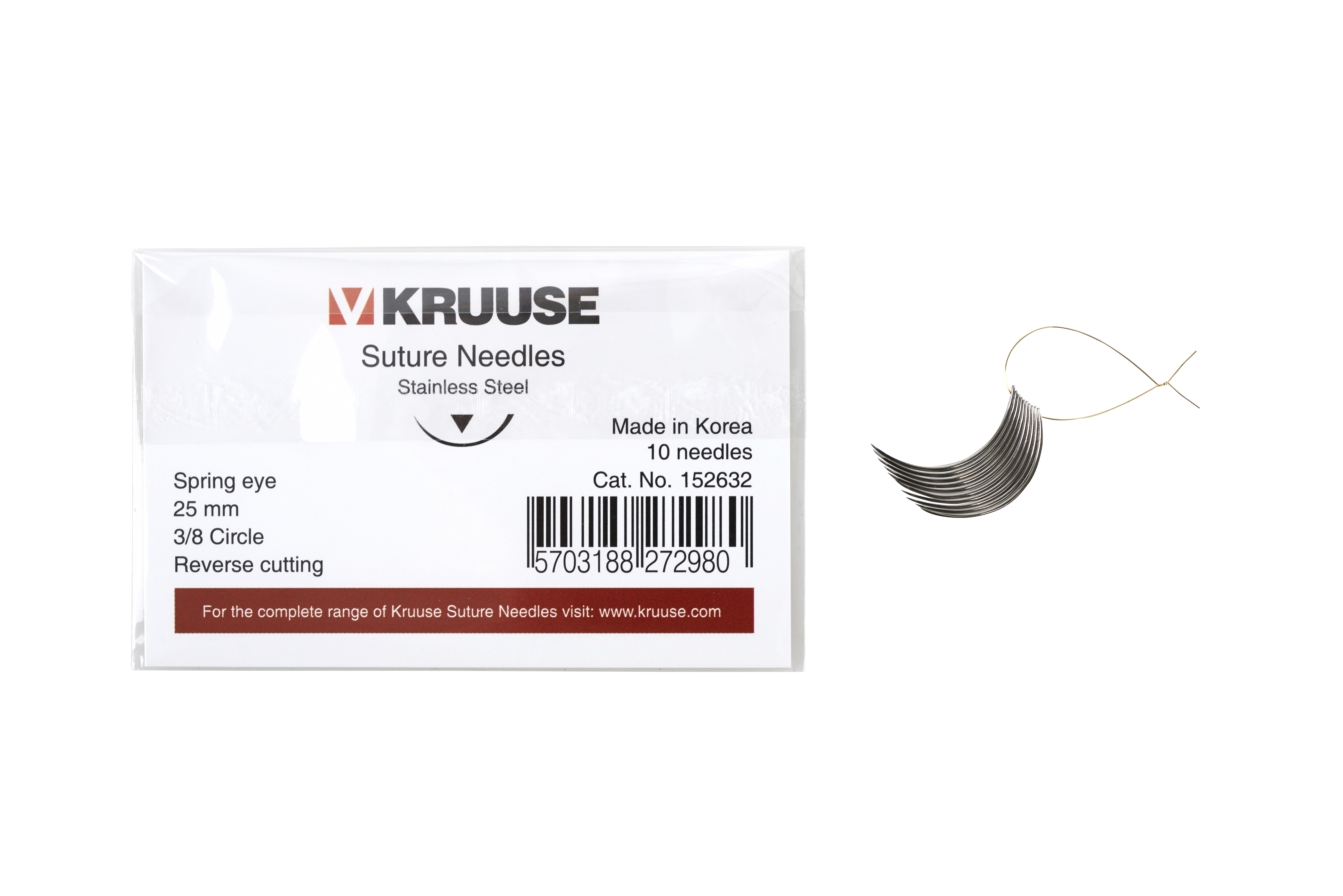 KRUUSE suture needle spring eye, 3/8 circle, reverse cutting, 25 mm, 10/pk