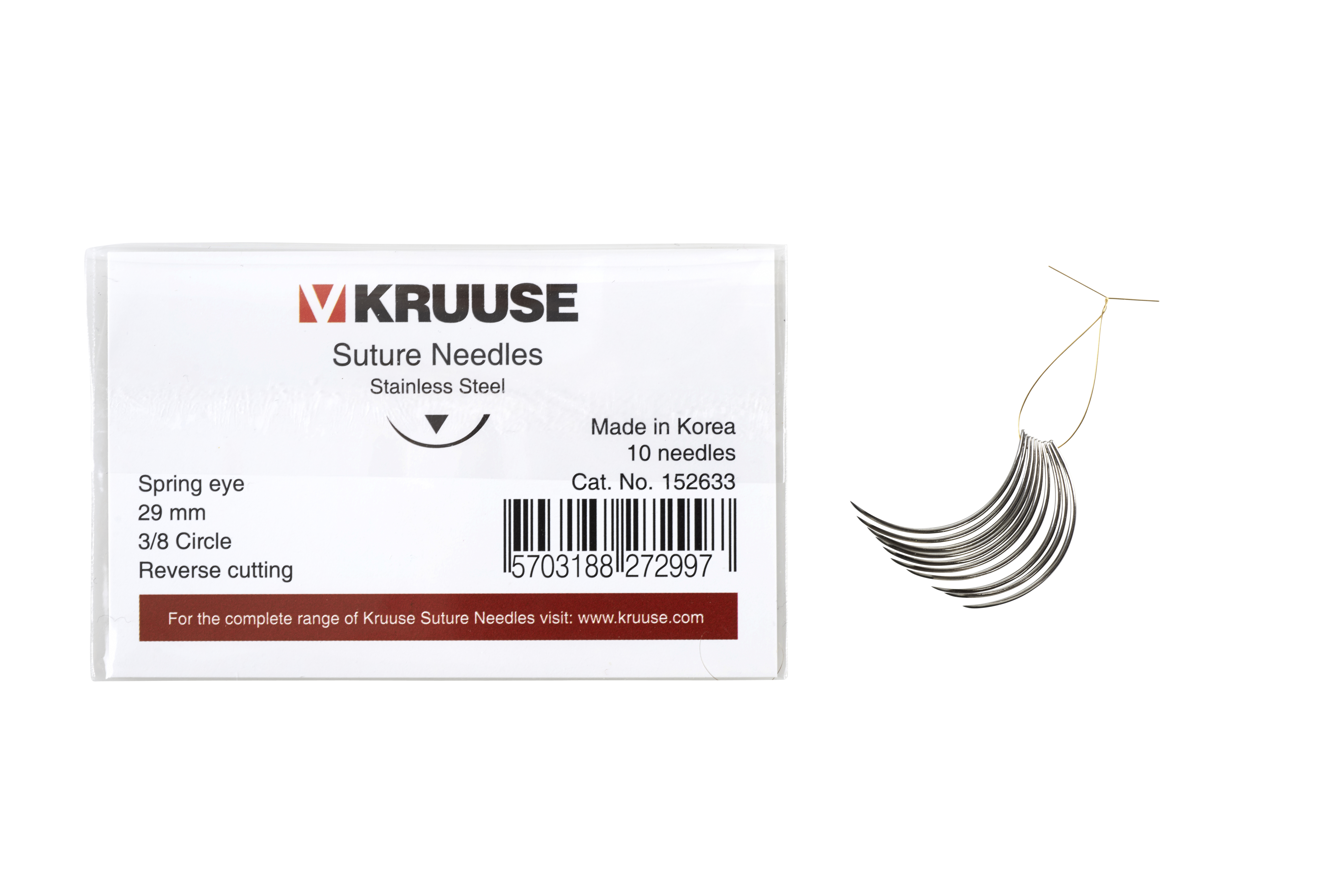 KRUUSE Suture Needle, spring eye, 3/8 circle, reverse cutting, 29 mm, 10/pk