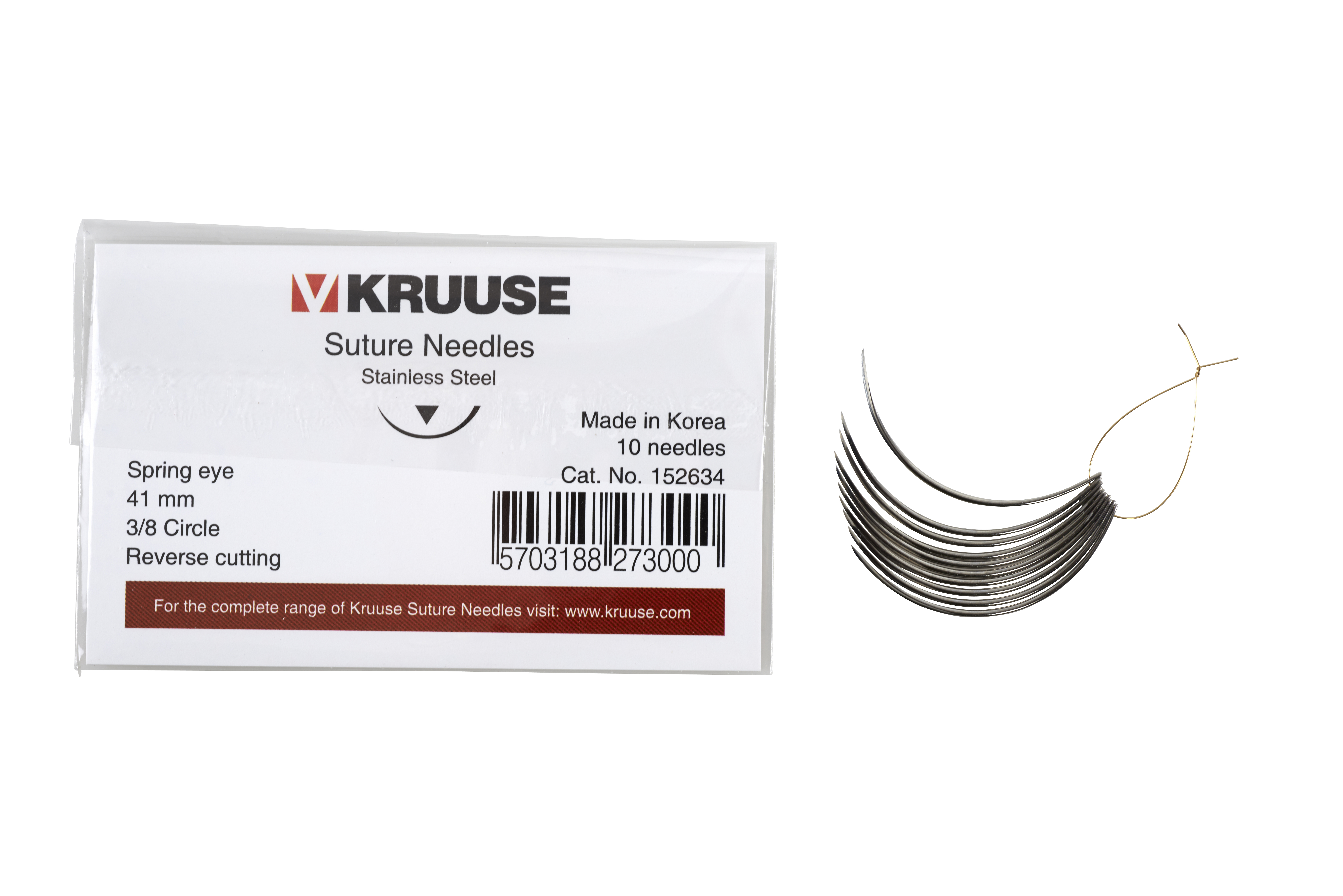 KRUUSE suture needle spring eye, 3/8 circle, reverse cutting, 41 mm, 10/pk