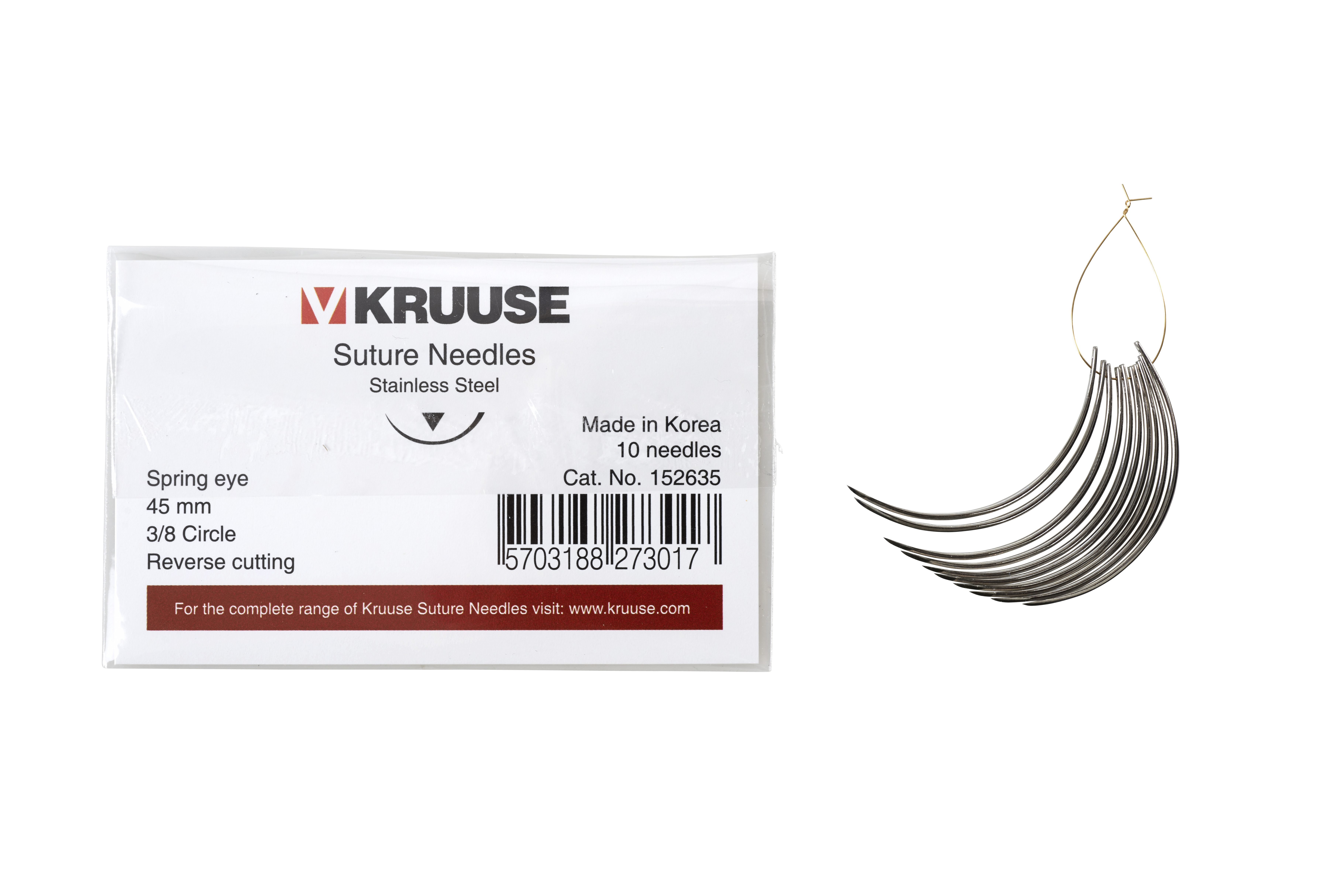 KRUUSE Suture Needle, spring eye, 3/8 circle, reverse cutting, 45 mm, 10/pk