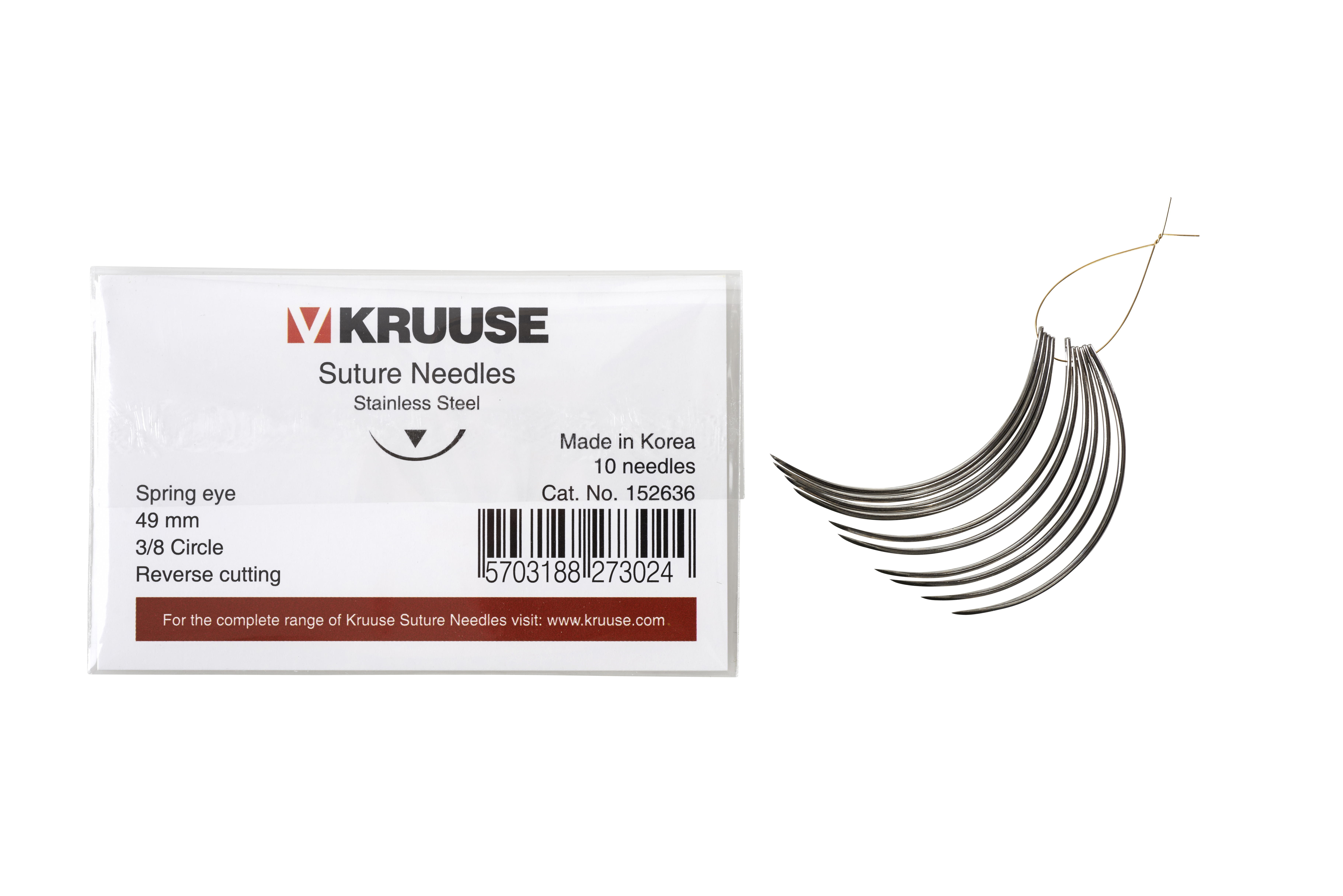 KRUUSE Suture Needle, spring eye, 3/8 circle, reverse cutting, 49 mm, 10/pk