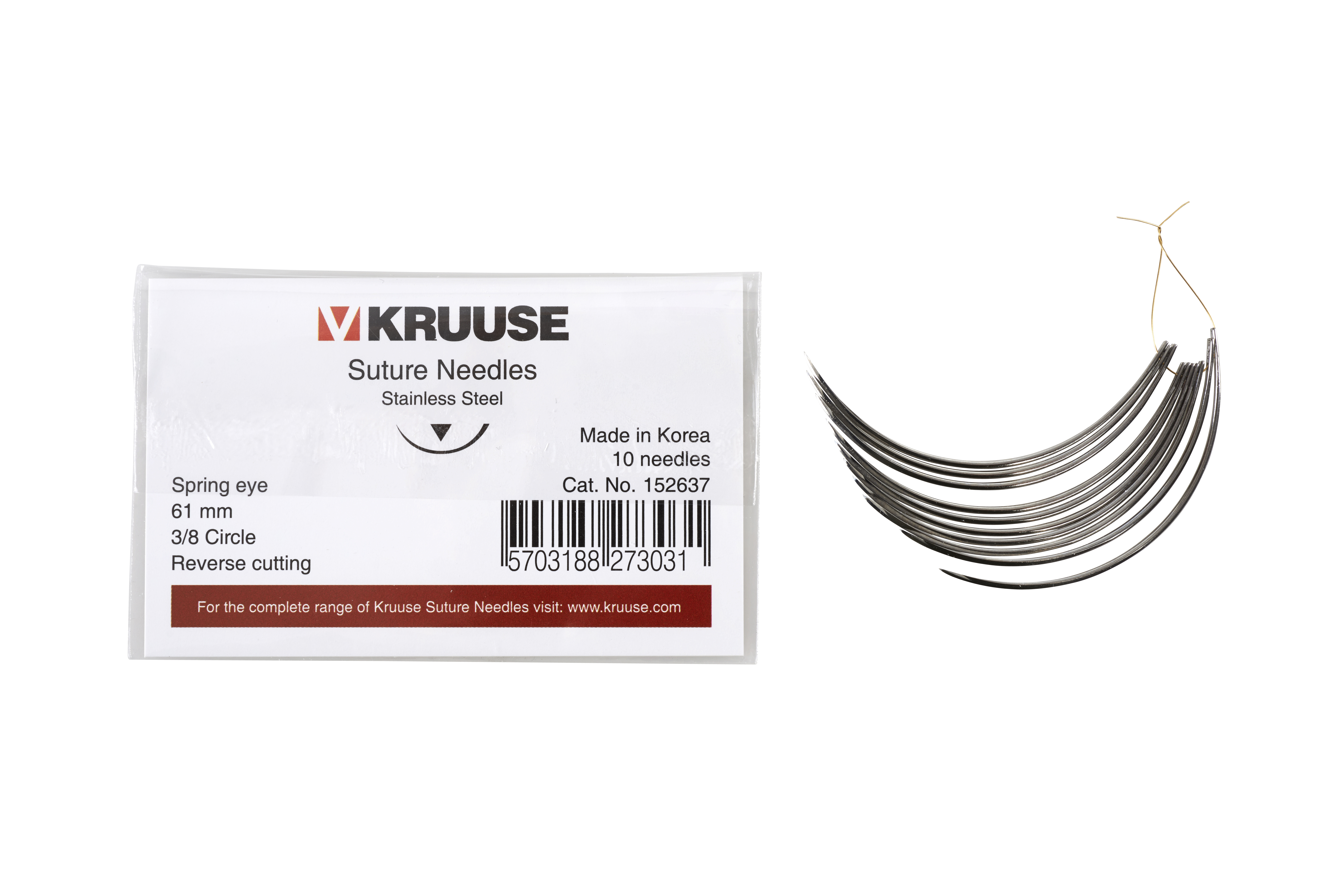 KRUUSE suture needle spring eye, 3/8 circle, reverse cutting, 61 mm, 10/pk