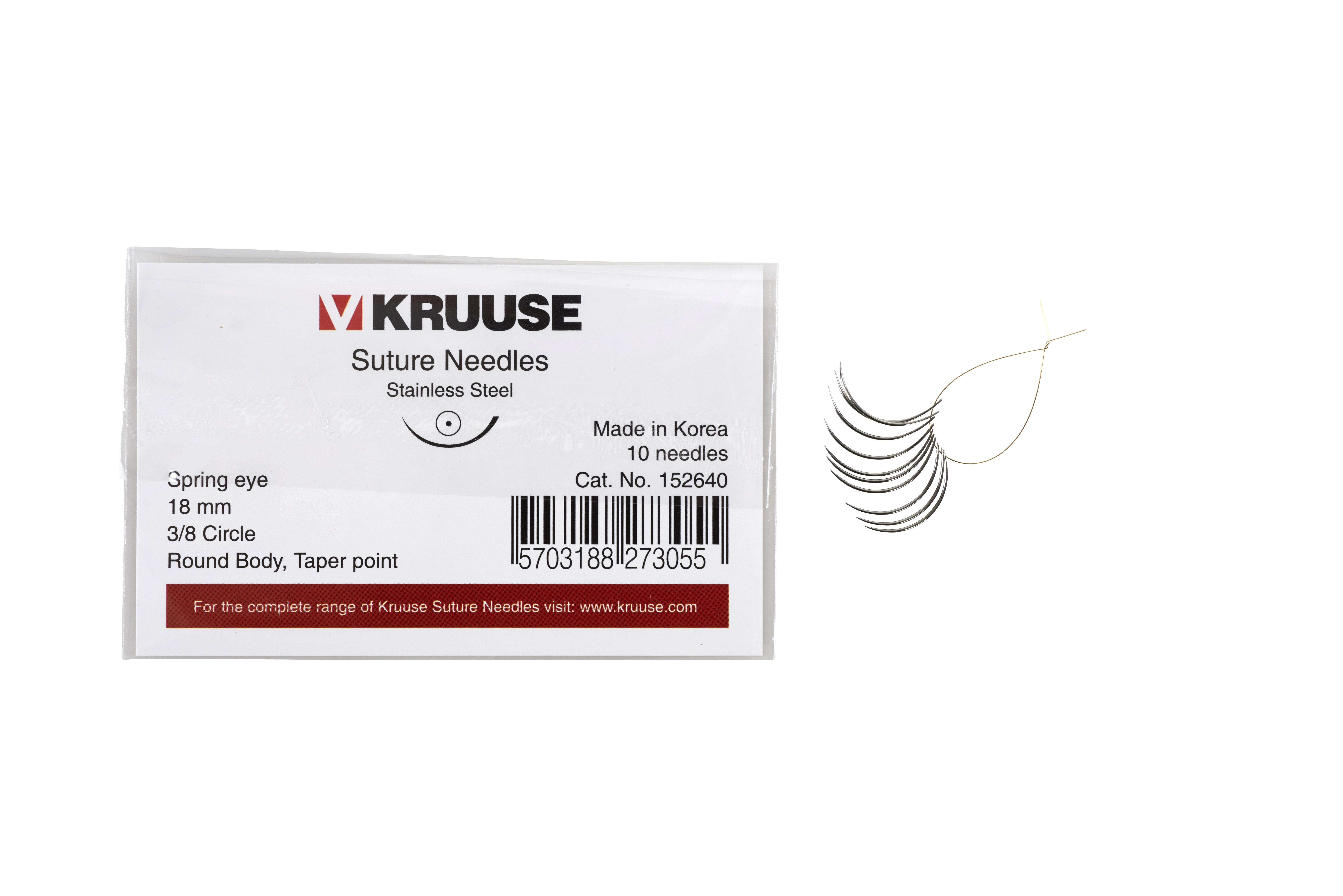 KRUUSE Suture Needle, spring eye, 3/8 circle, round body, taper point, 18 mm, 10/pk