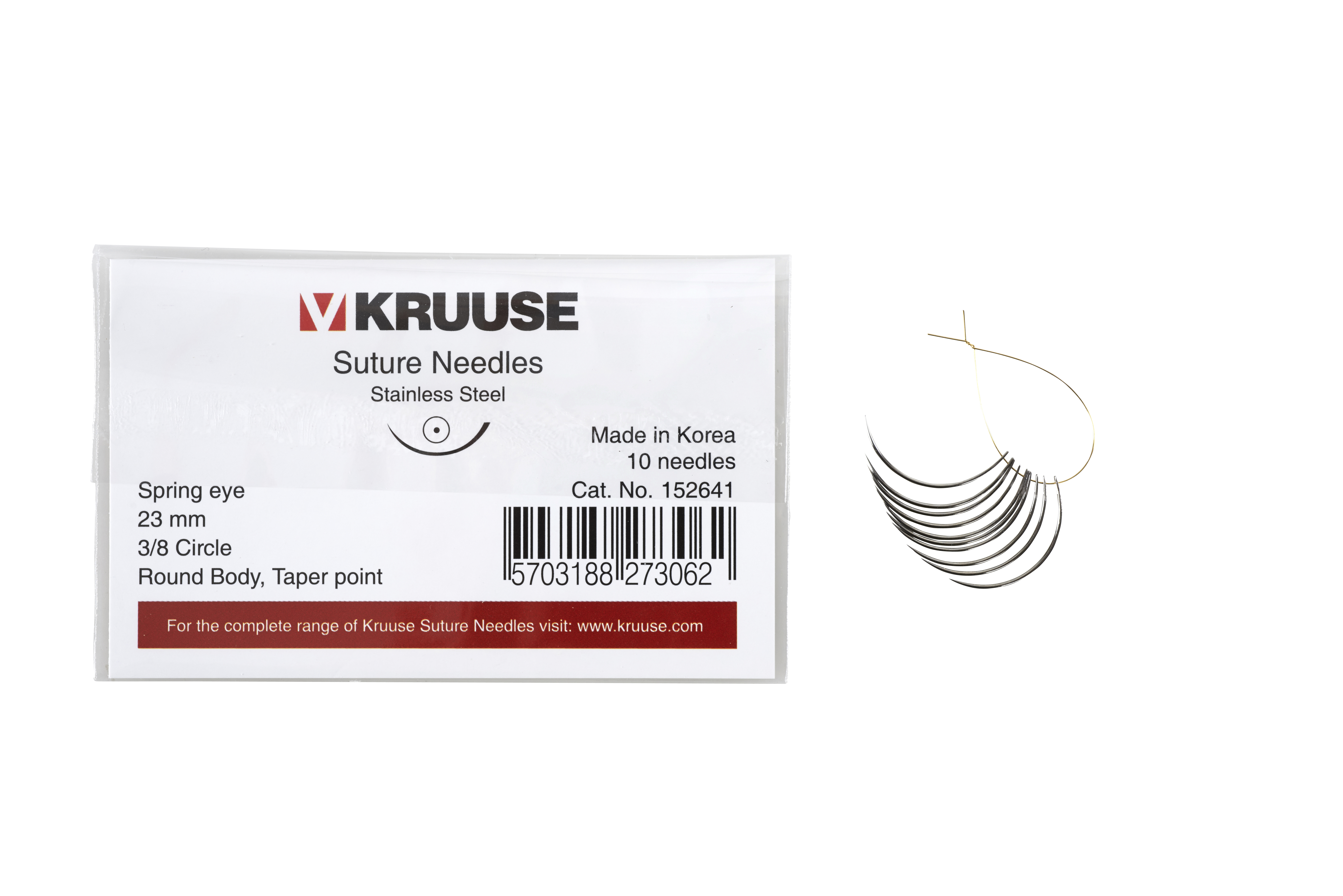 KRUUSE Suture Needle, spring eye, 3/8 circle, round body, taper point, 23 mm, 10/pk