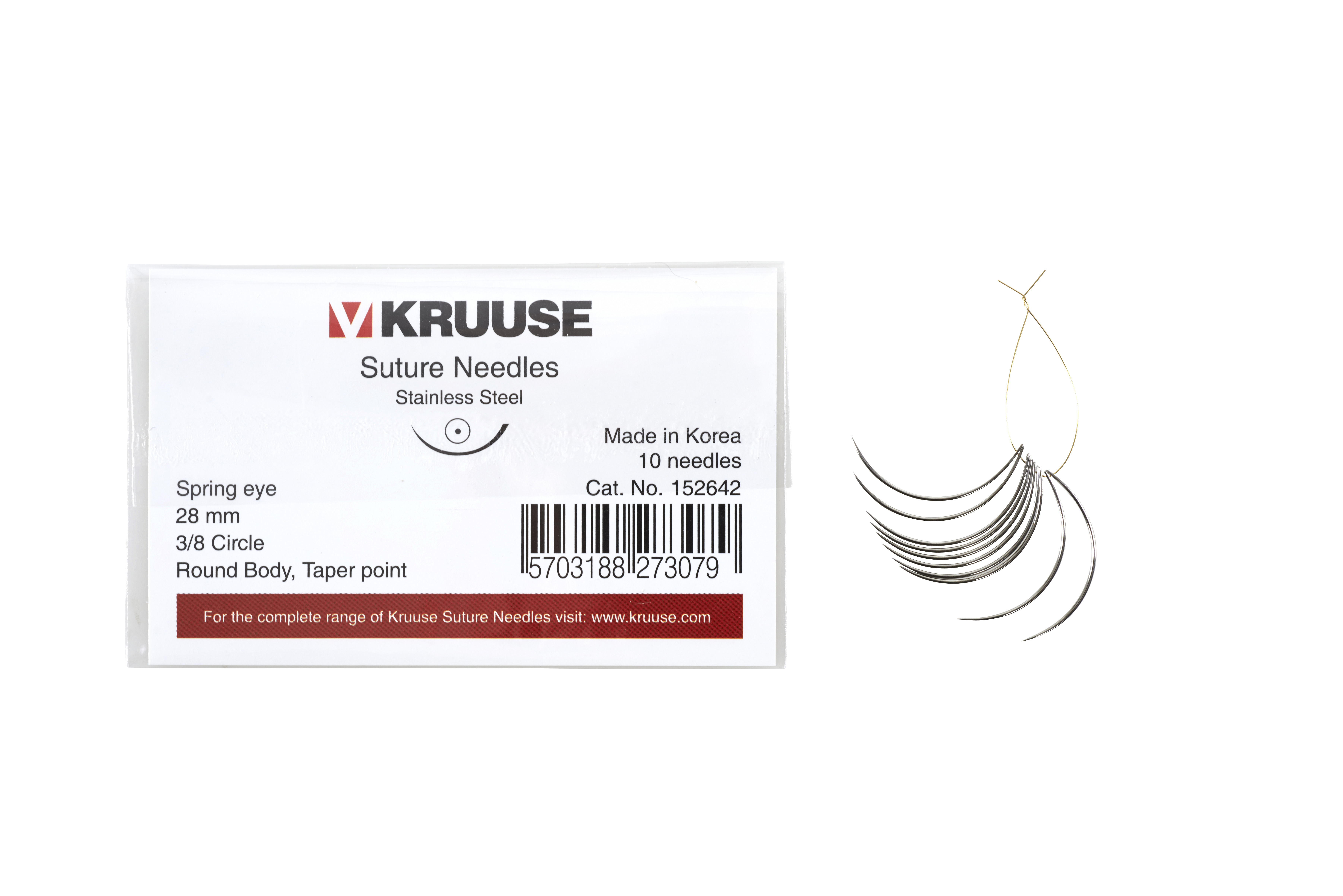 KRUUSE suture needle spring eye, 3/8 circle, round body, taper point, 28 mm, 10/pk