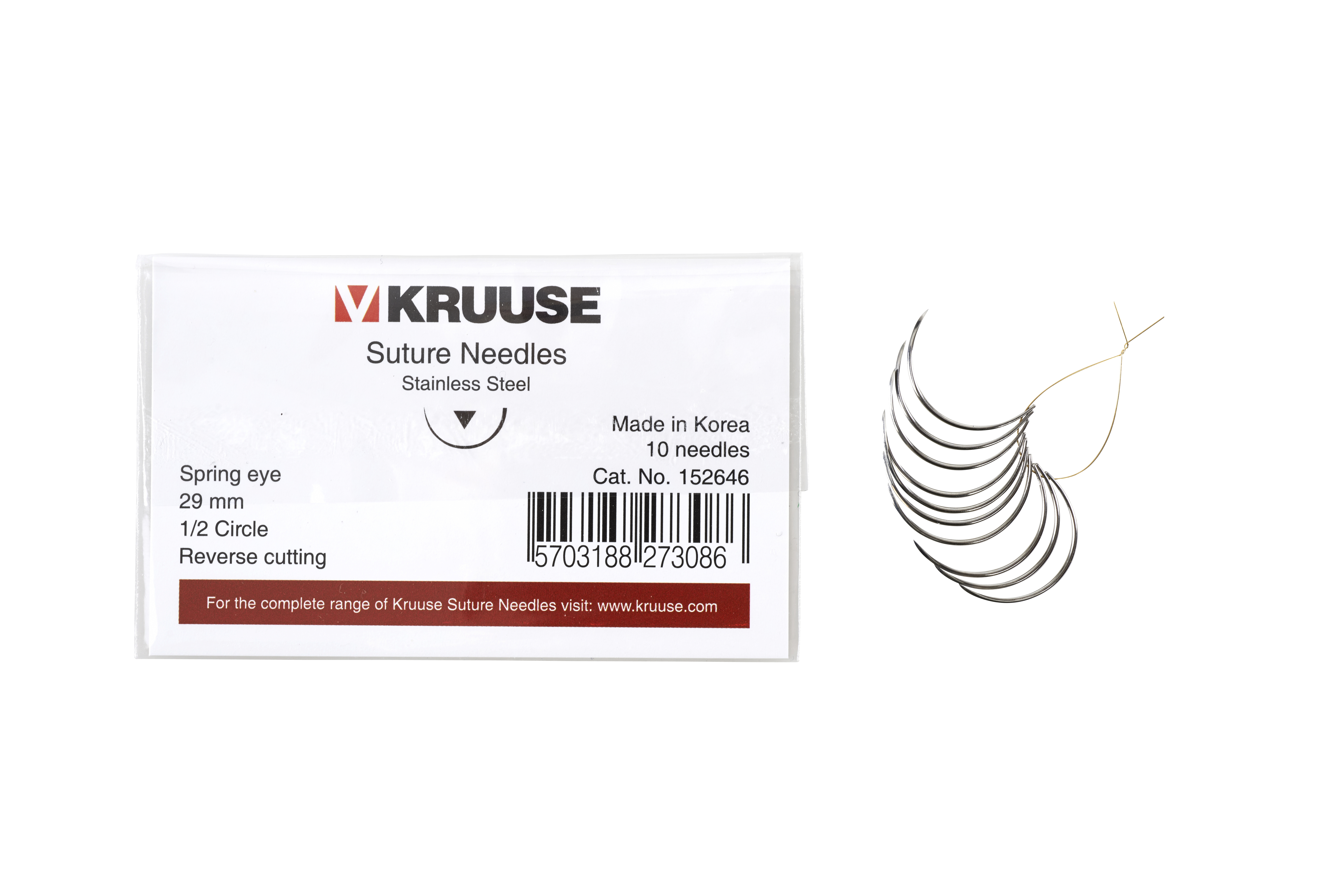 KRUUSE Suture Needle, spring eye, 1/2 circle, reverse cutting, 29 mm, 10/pk