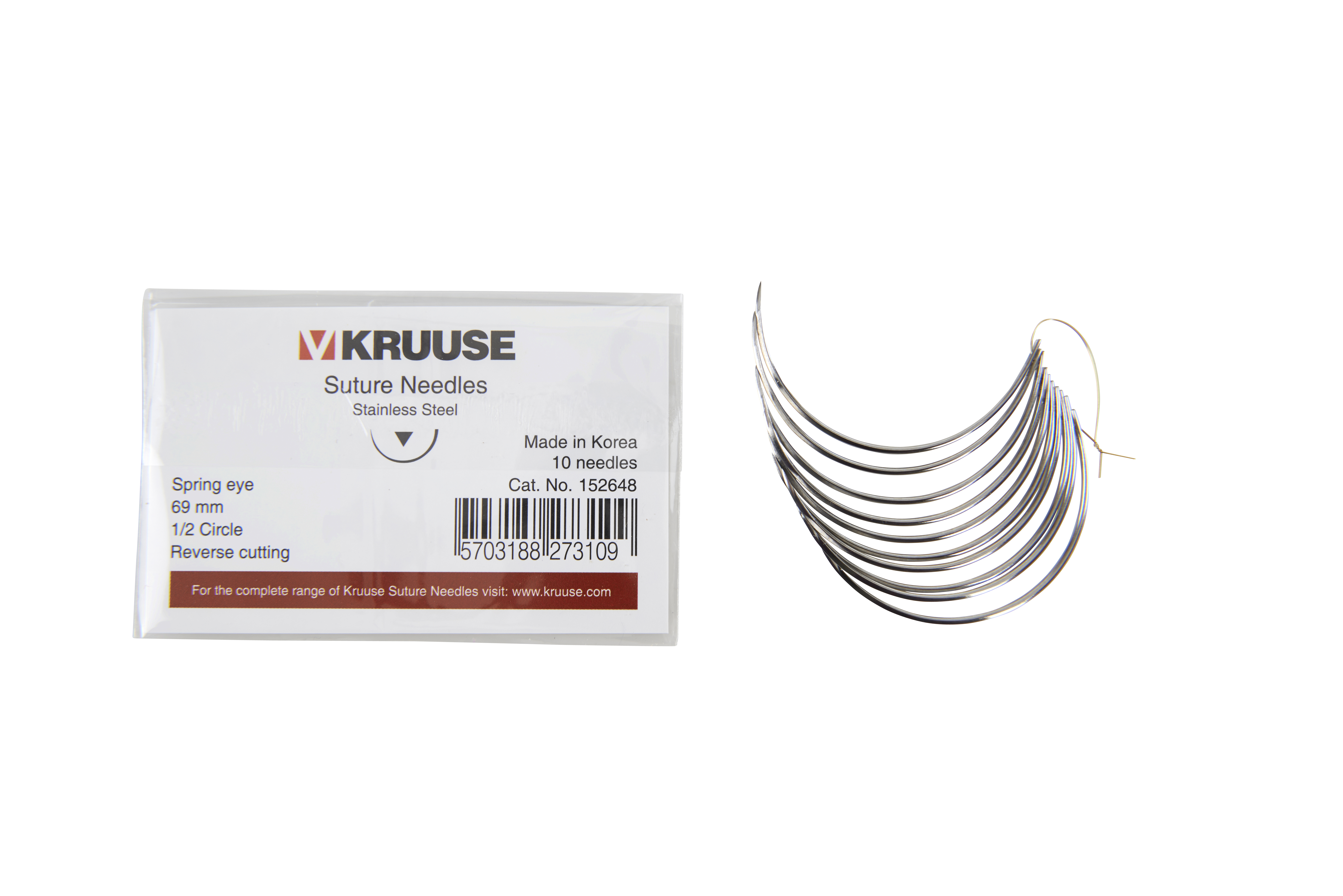 KRUUSE Suture Needle, spring eye, 1/2 circle, reverse cutting, 69 mm, 10/pk