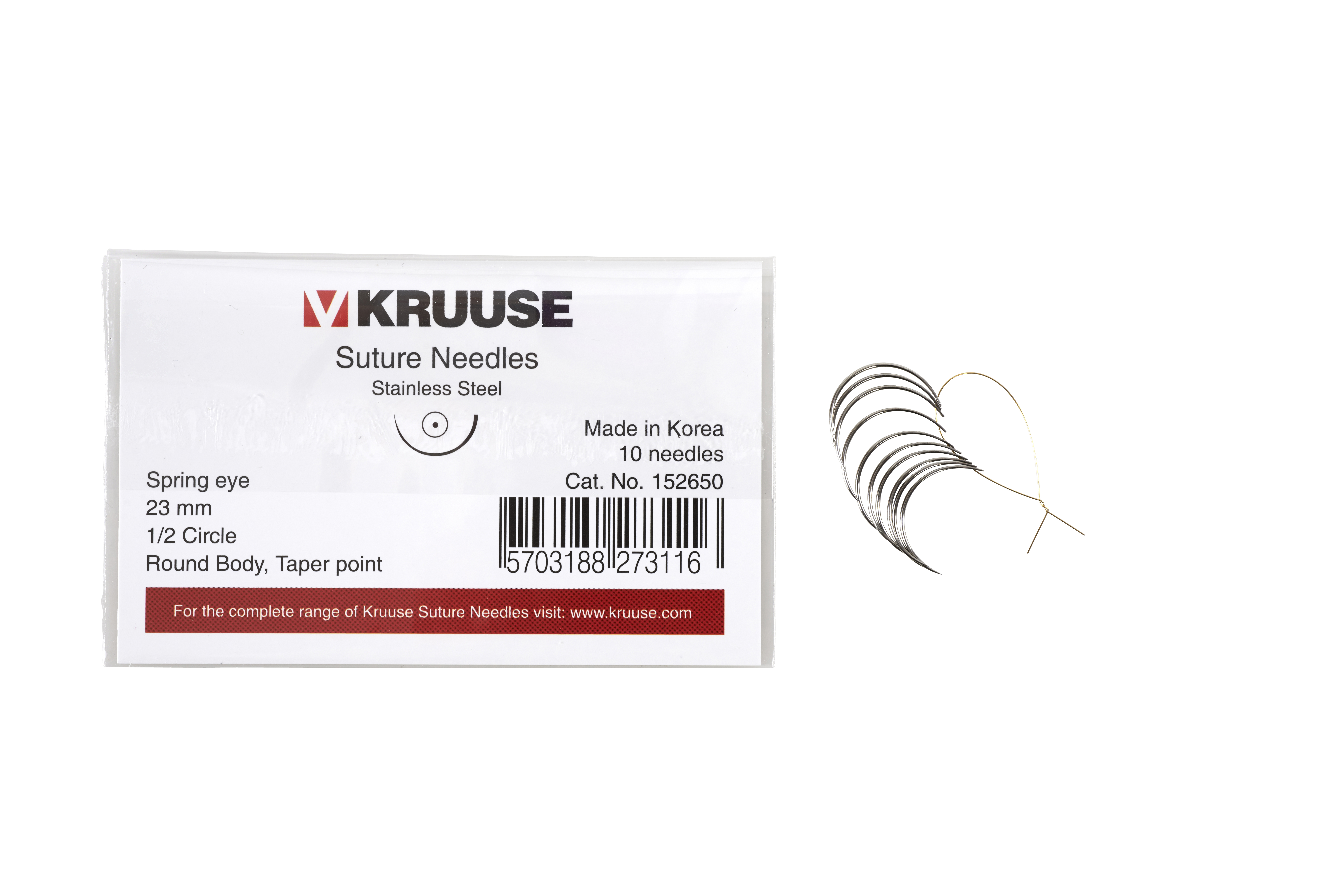 KRUUSE Suture Needle, spring eye, 1/2 circle, round body, taper point, 23 mm, 10/pk
