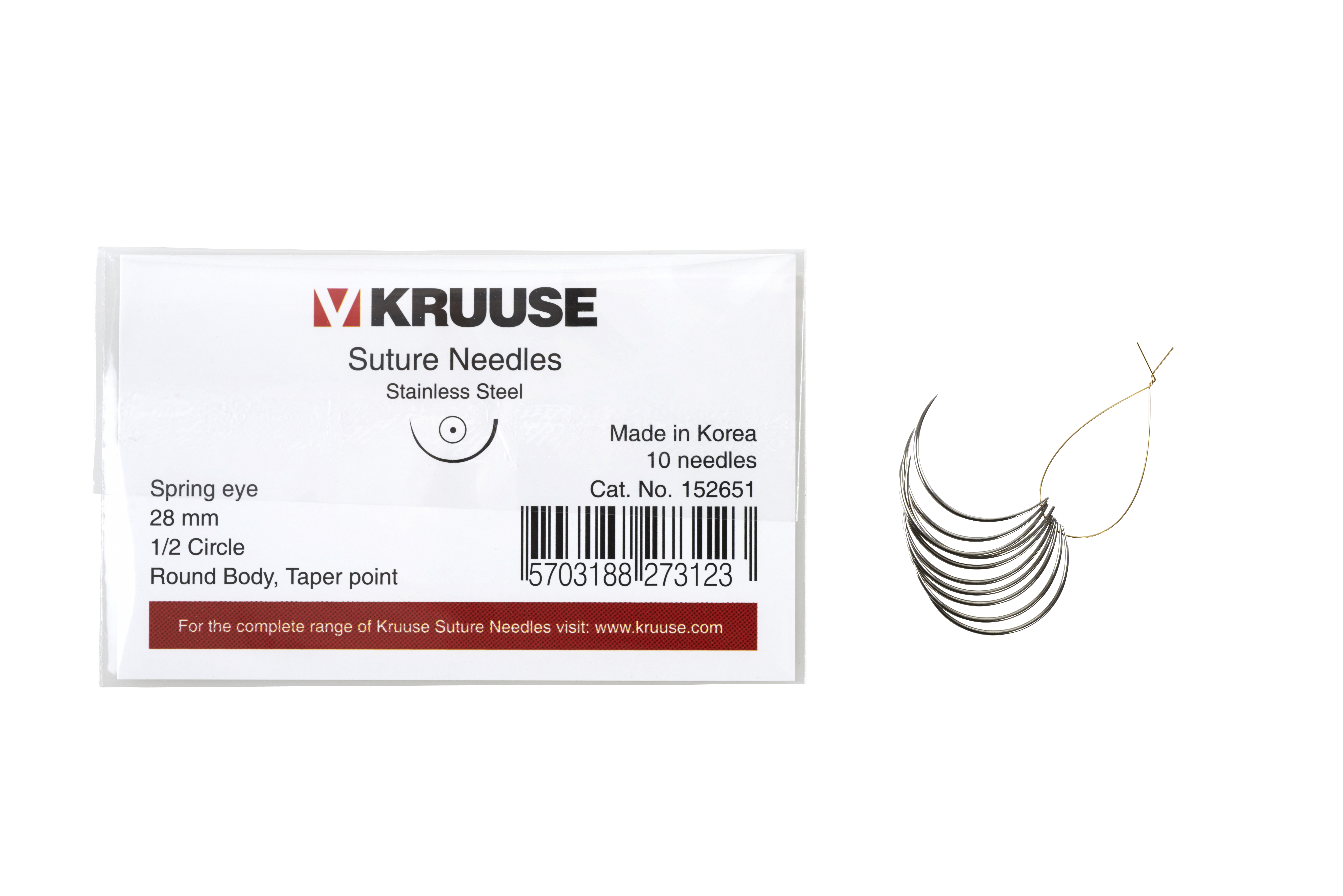KRUUSE suture needle spring eye, 1/2 circle, round body, taper point, 28 mm, 10/pk