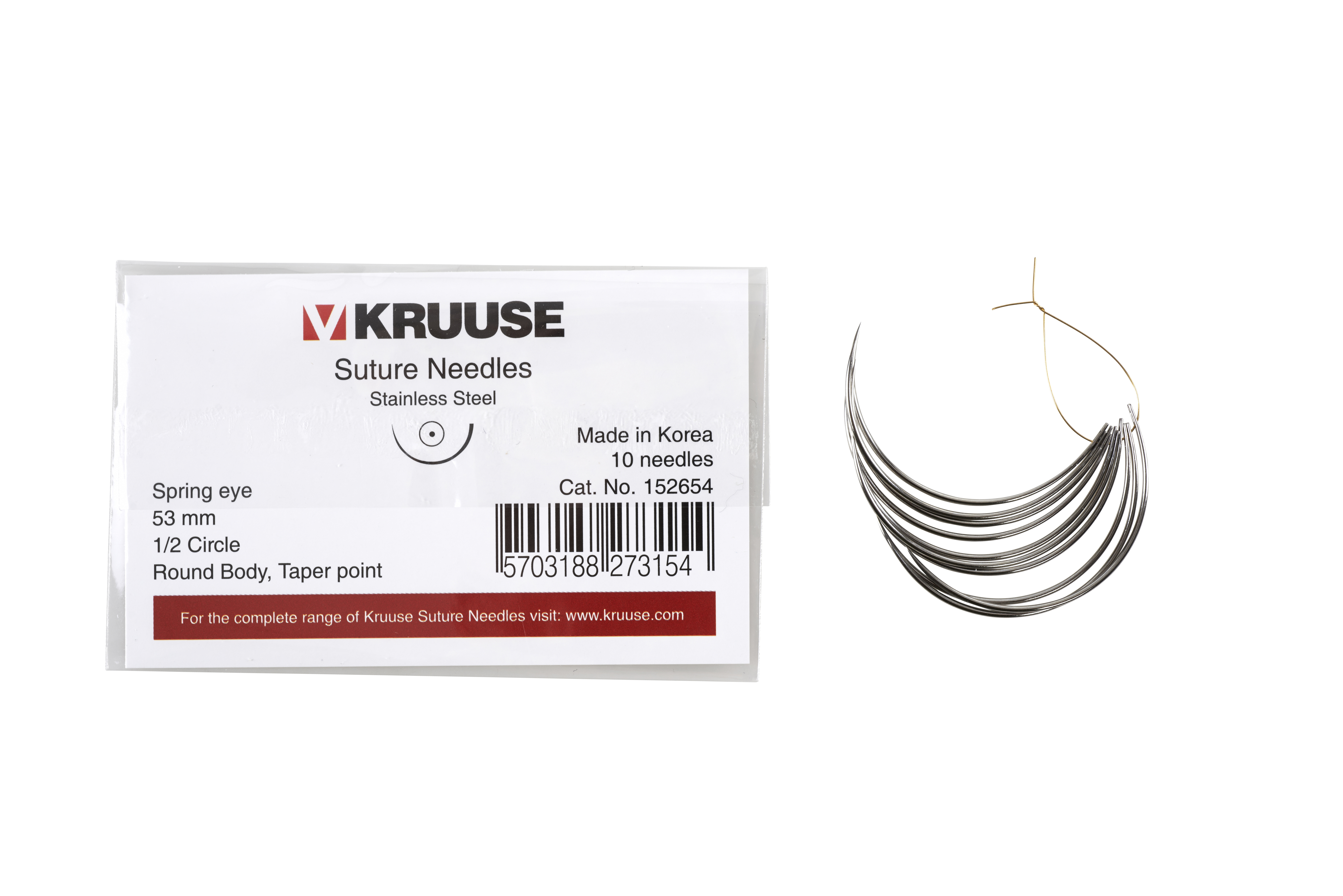 KRUUSE Suture Needle, spring eye, 1/2 circle, round body, taper point, 53 mm, 10/pk