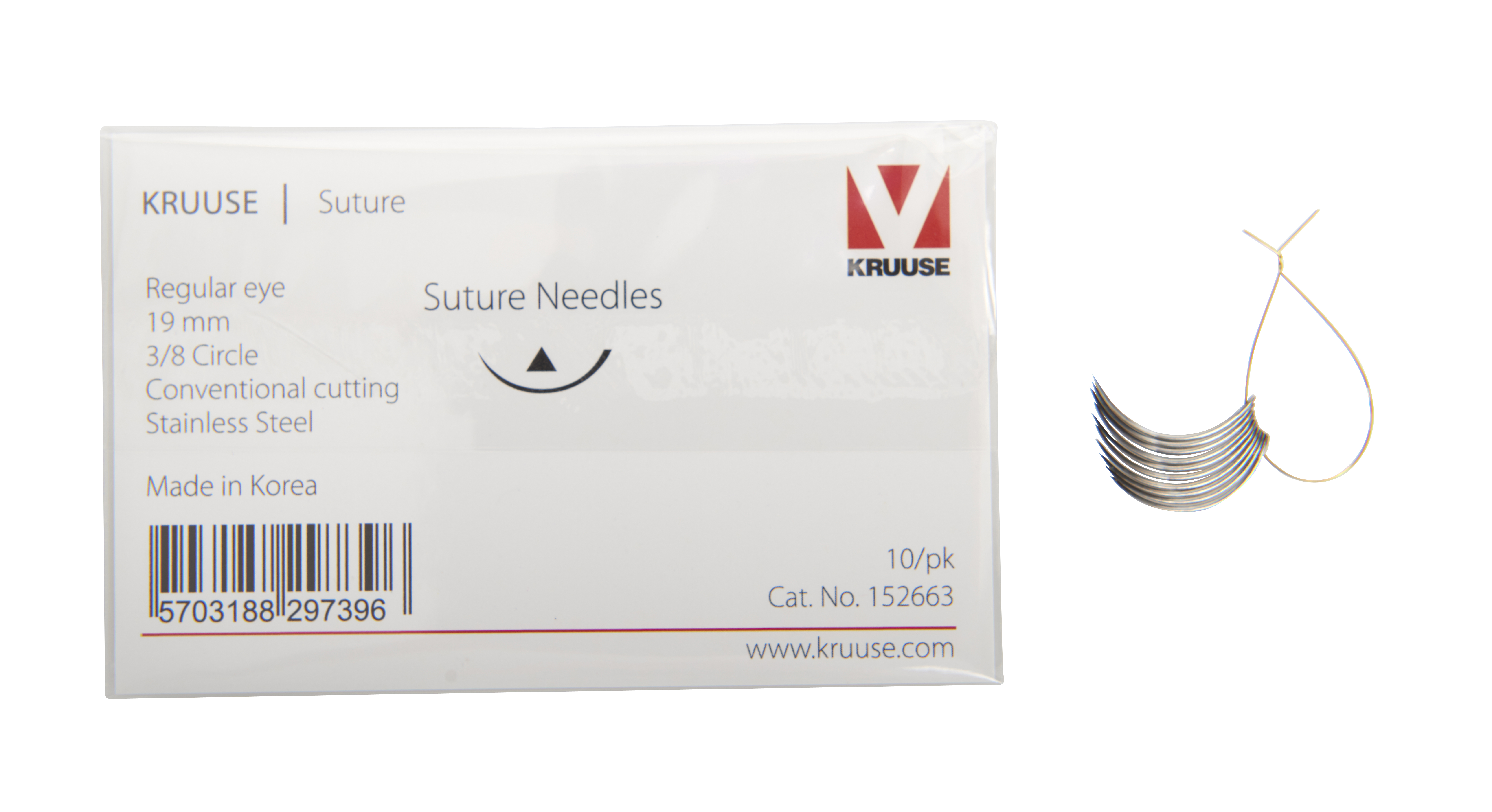 KRUUSE Suture Needle, regular eye, 3/8 circle, conventional cutting, 19 mm, 10/pk