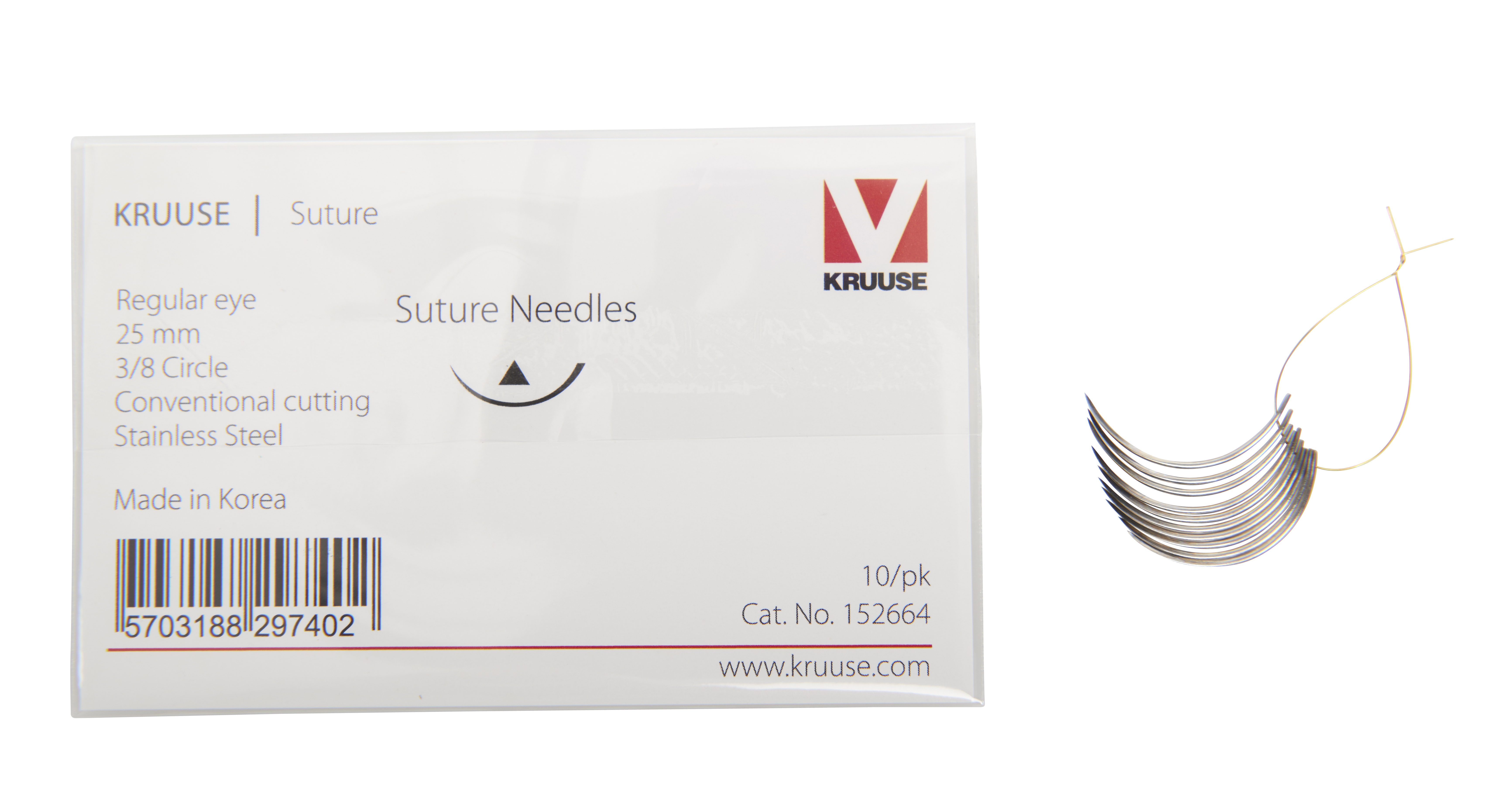 KRUUSE suture needle, regular eye, 3/8 circle, conventional cutting, 25 mm, 10/pk