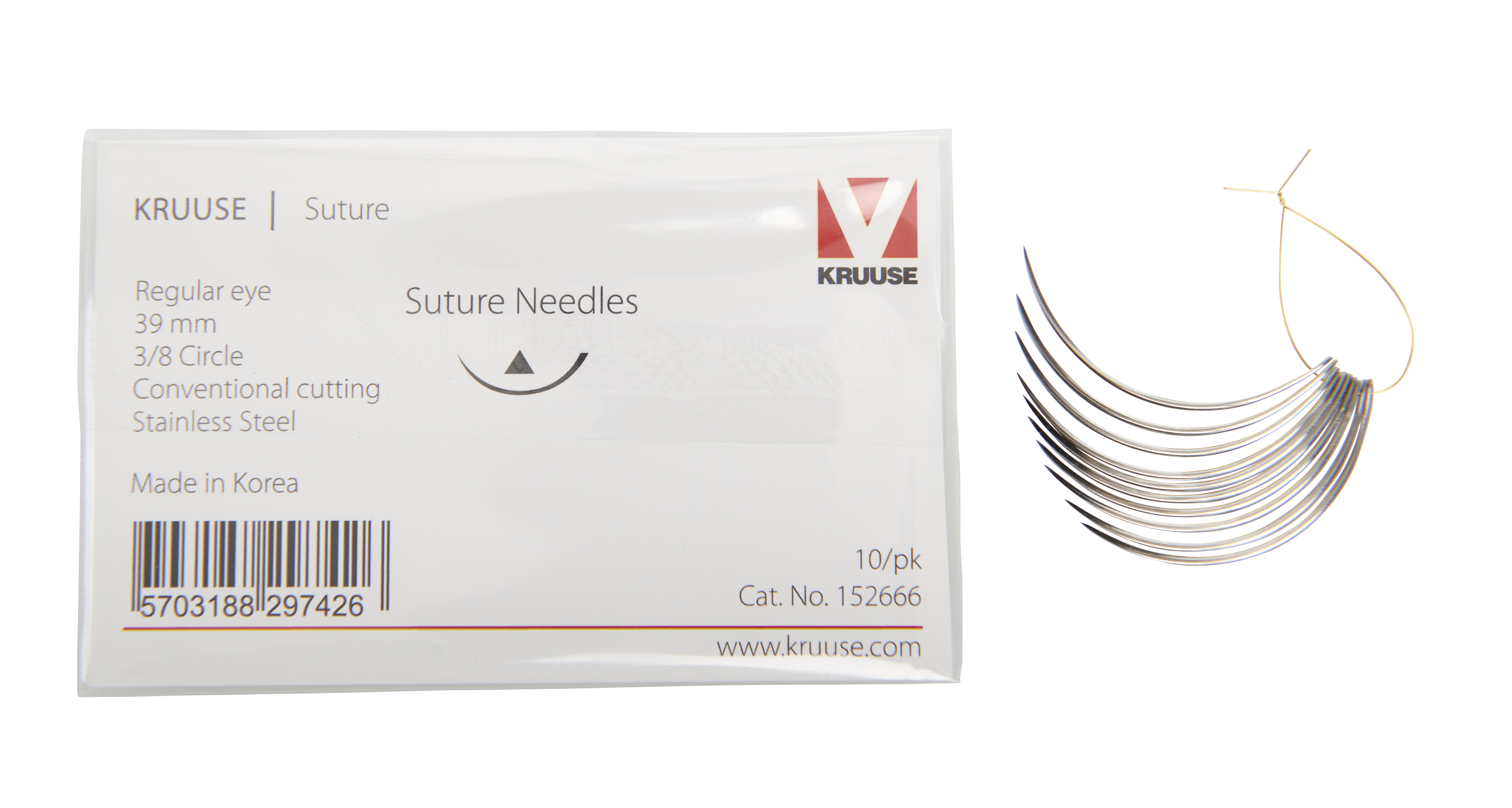 KRUUSE Suture Needle, regular eye, 3/8 circle, conventional cutting, 39 mm, 10/pk