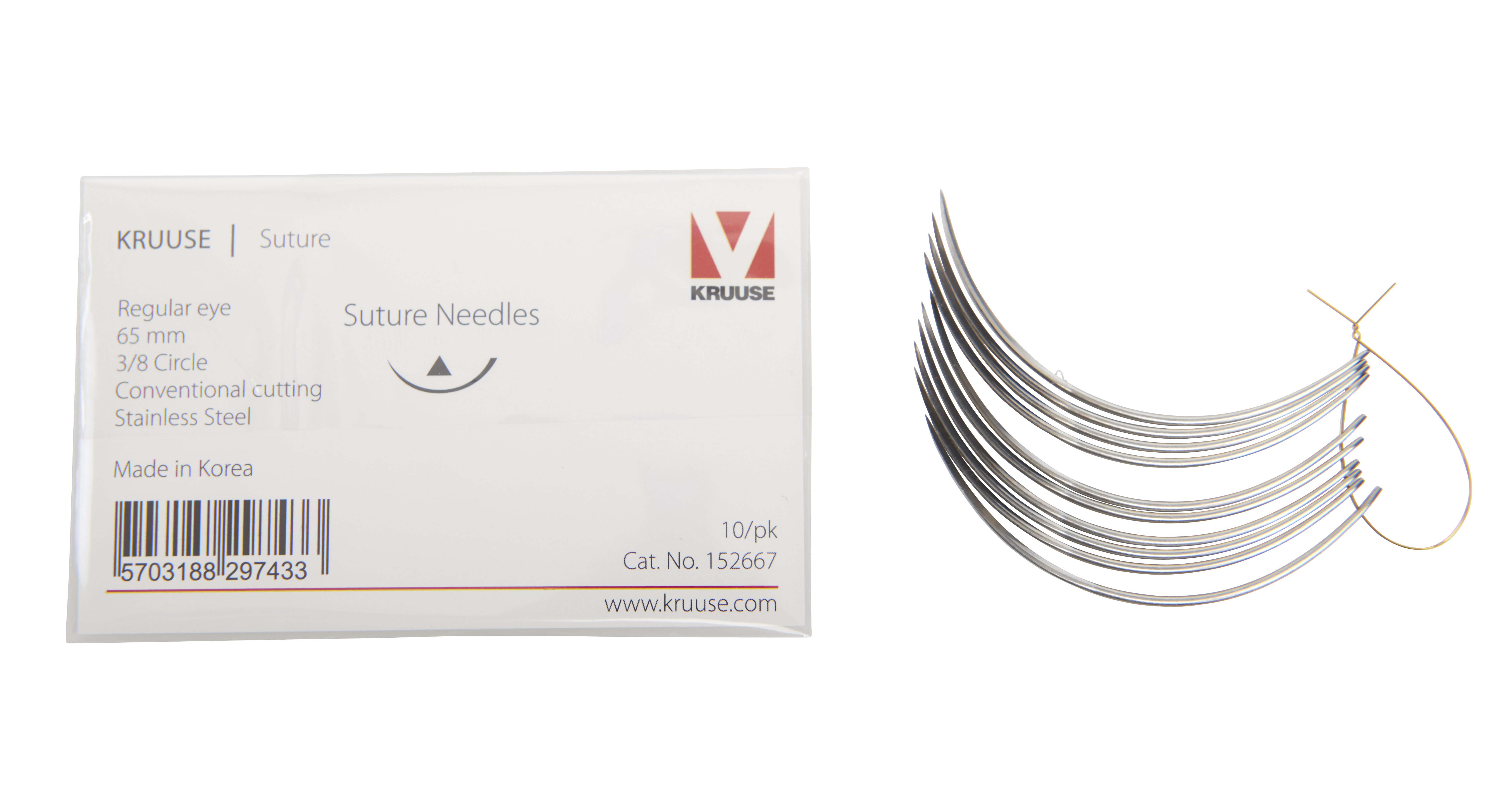 KRUUSE Suture Needle, regular eye, 3/8 circle, conventional cutting, 65 mm, 10/pk