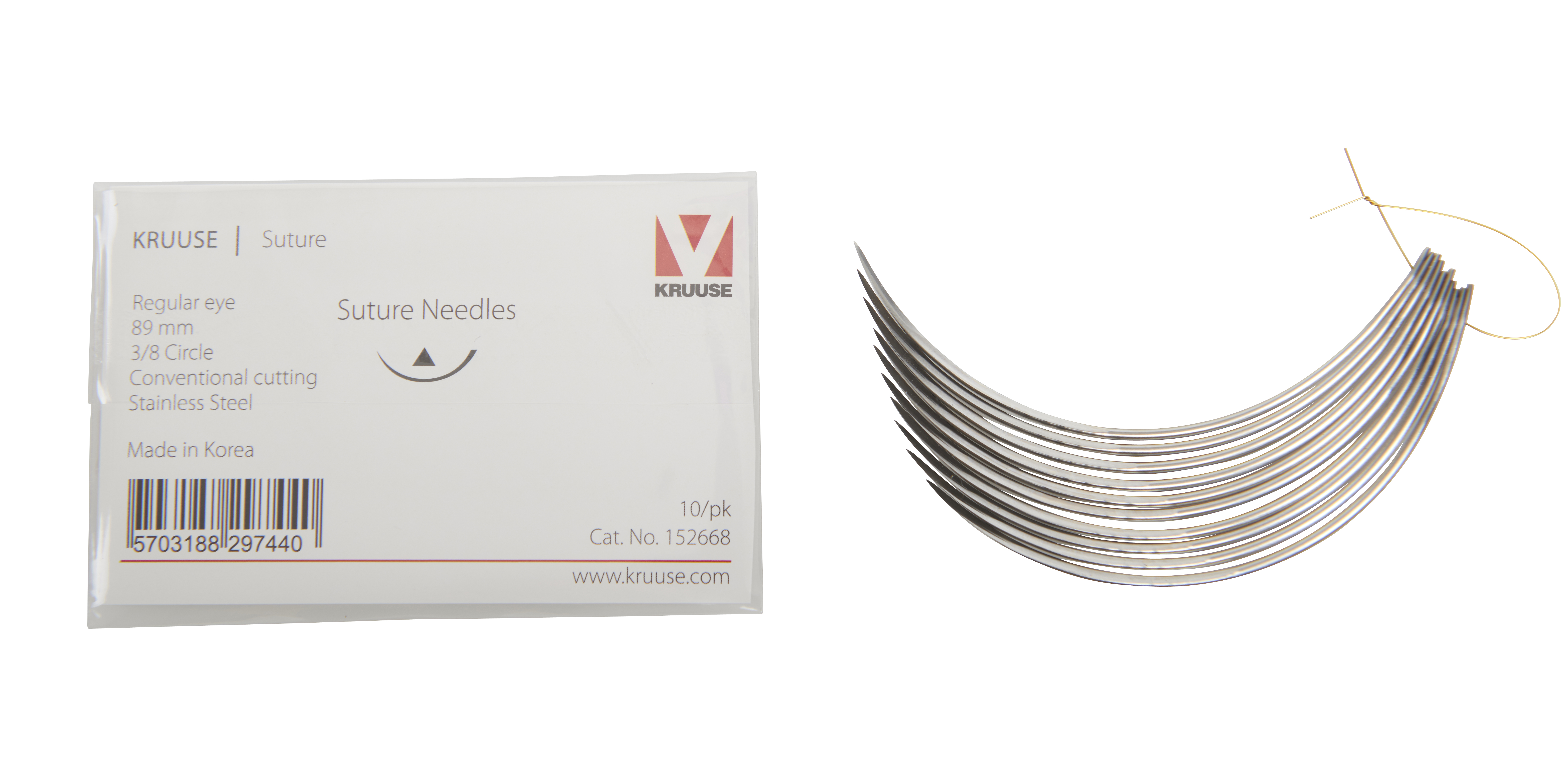 KRUUSE Suture Needle, regular eye, 3/8 circle, conventional cutting, 89 mm, 10/pk