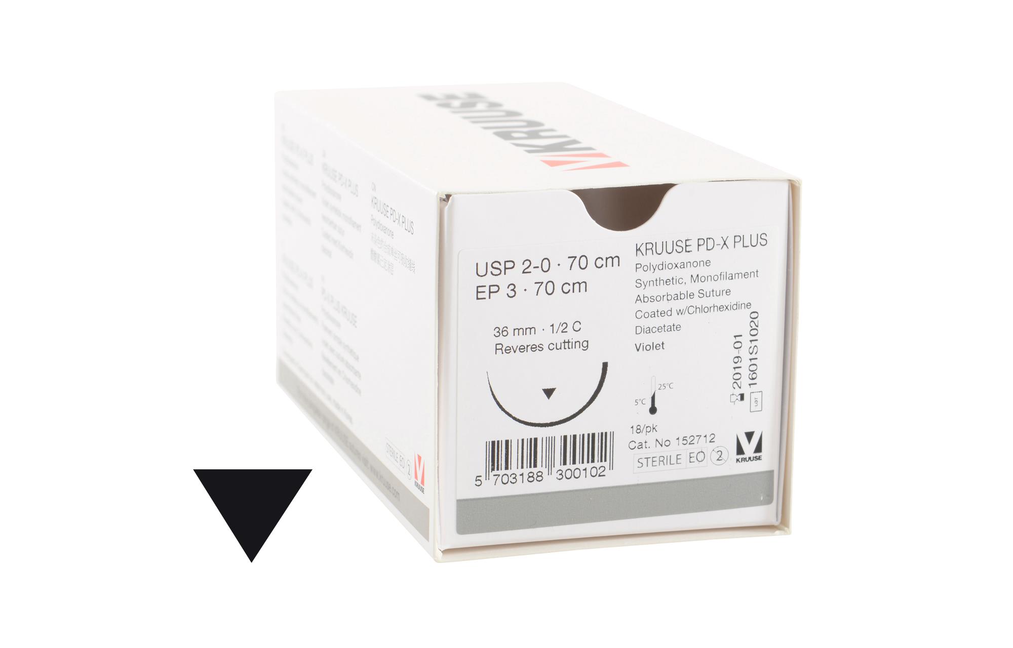 KRUUSE PD-X Plus suture, USP 2-0, 70 cm, 36 mm needle, ½ RC, 18/pk