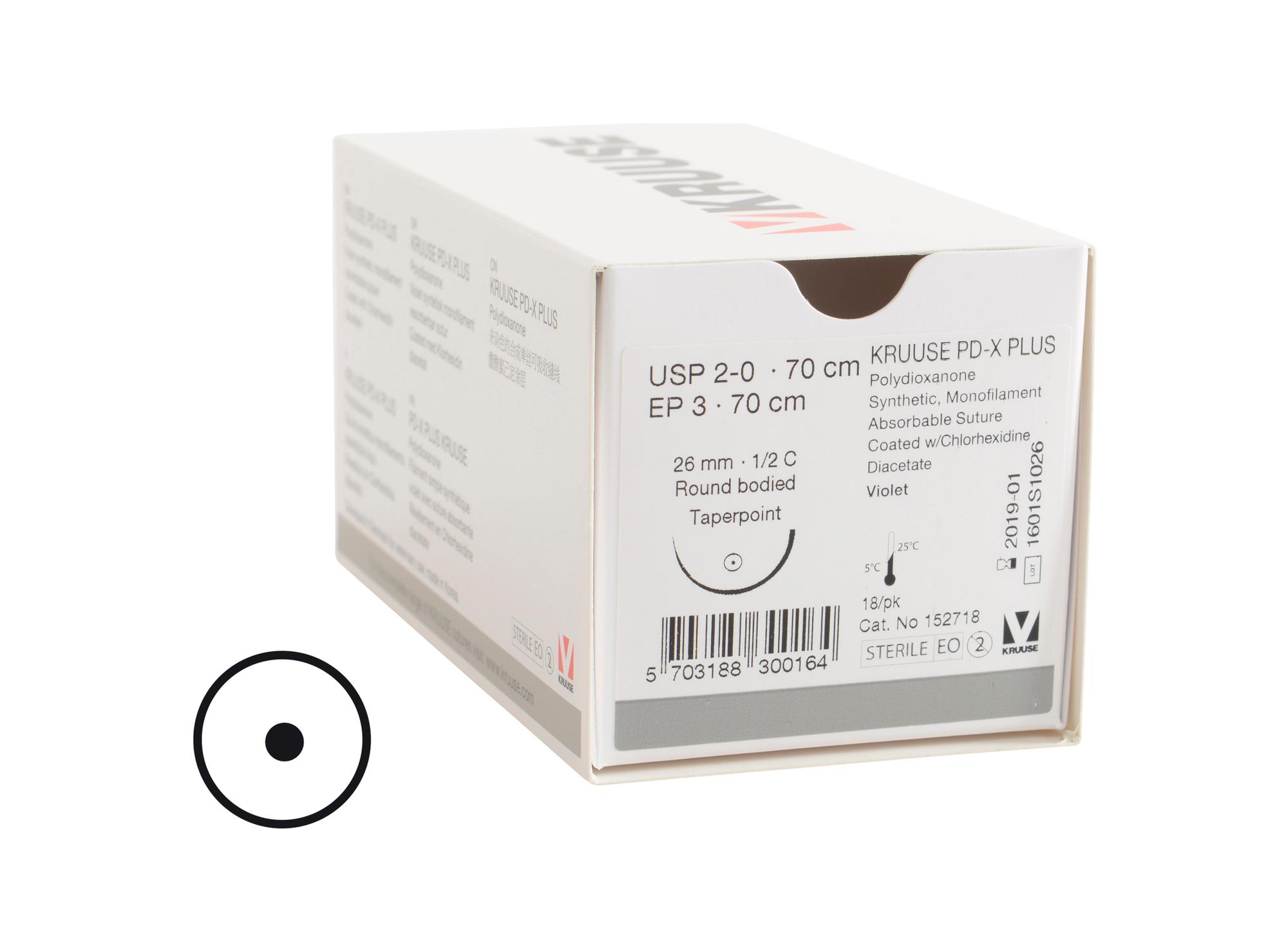 KRUUSE PD-X Plus suture, USP 2-0, 70 cm, 26 mm needle, ½ C, RB, taperpoint, 18/pk