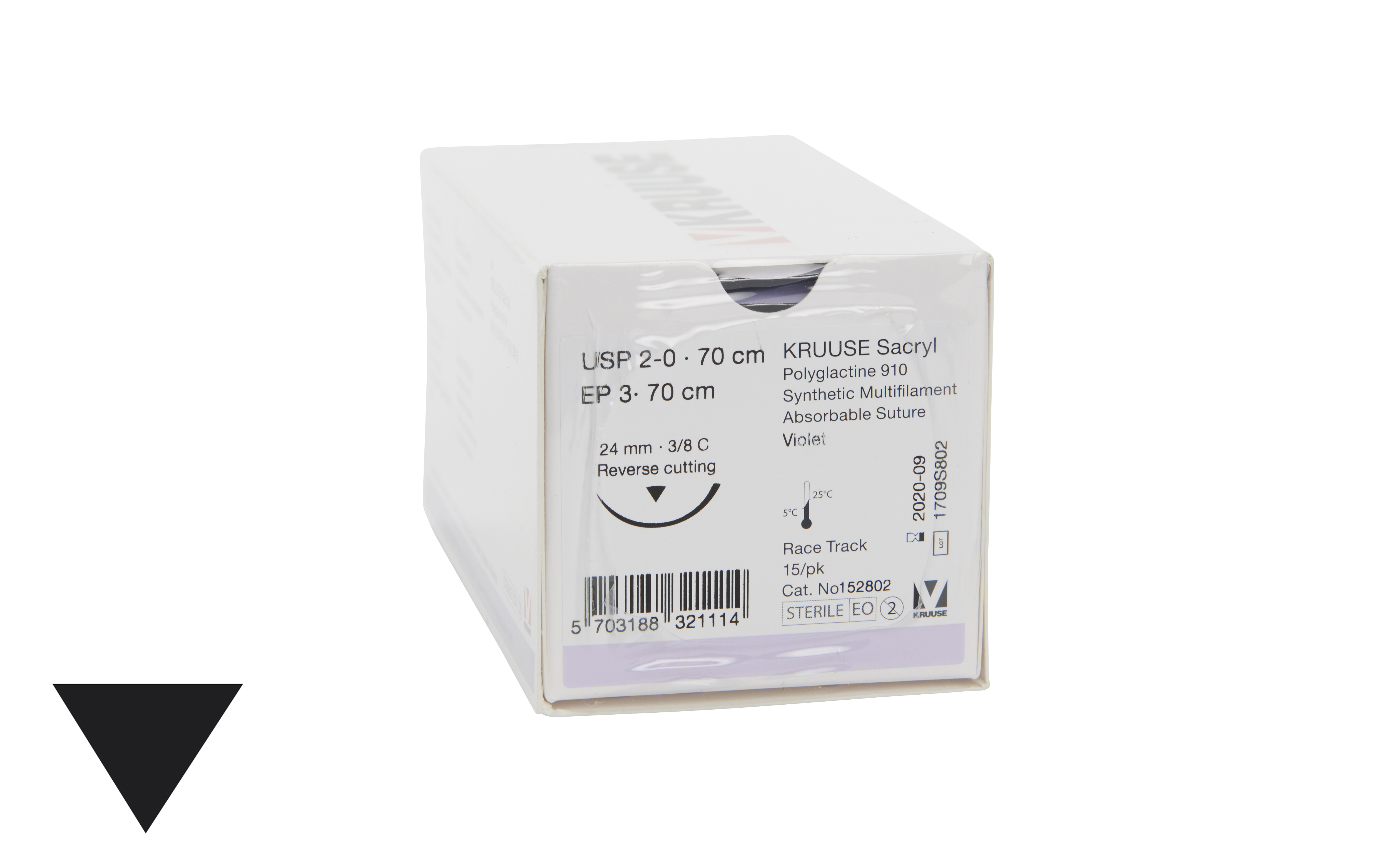 KRUUSE Sacryl Suture, USP 2-0, 70 cm, 24 mm needle, 3/8 C, RC, race-track, 15/pk