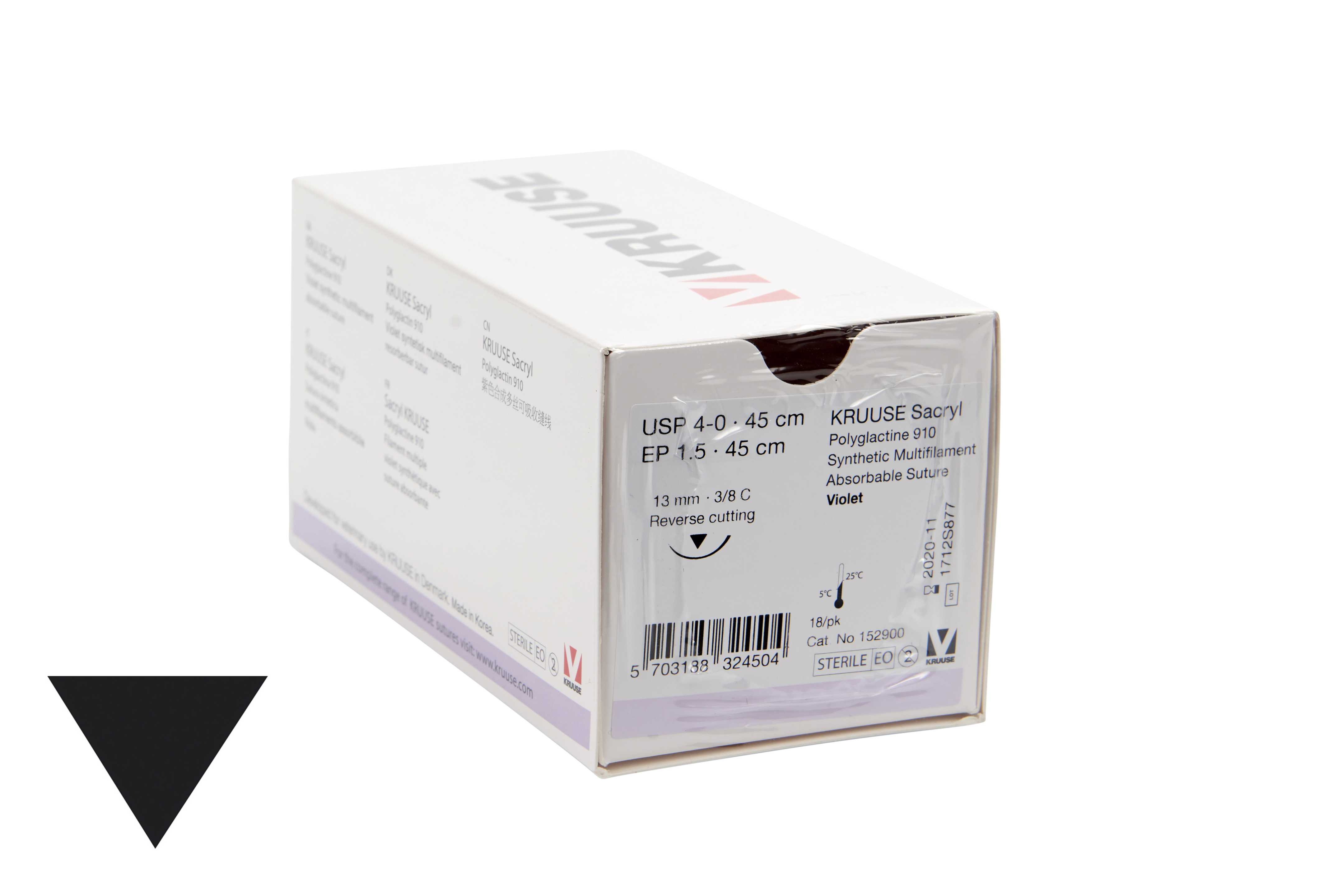 KRUUSE Sacryl Suture, USP 4-0/EP 1.5, 45 cm, needle 13 mm, 3/8 C, RC, 18/pk