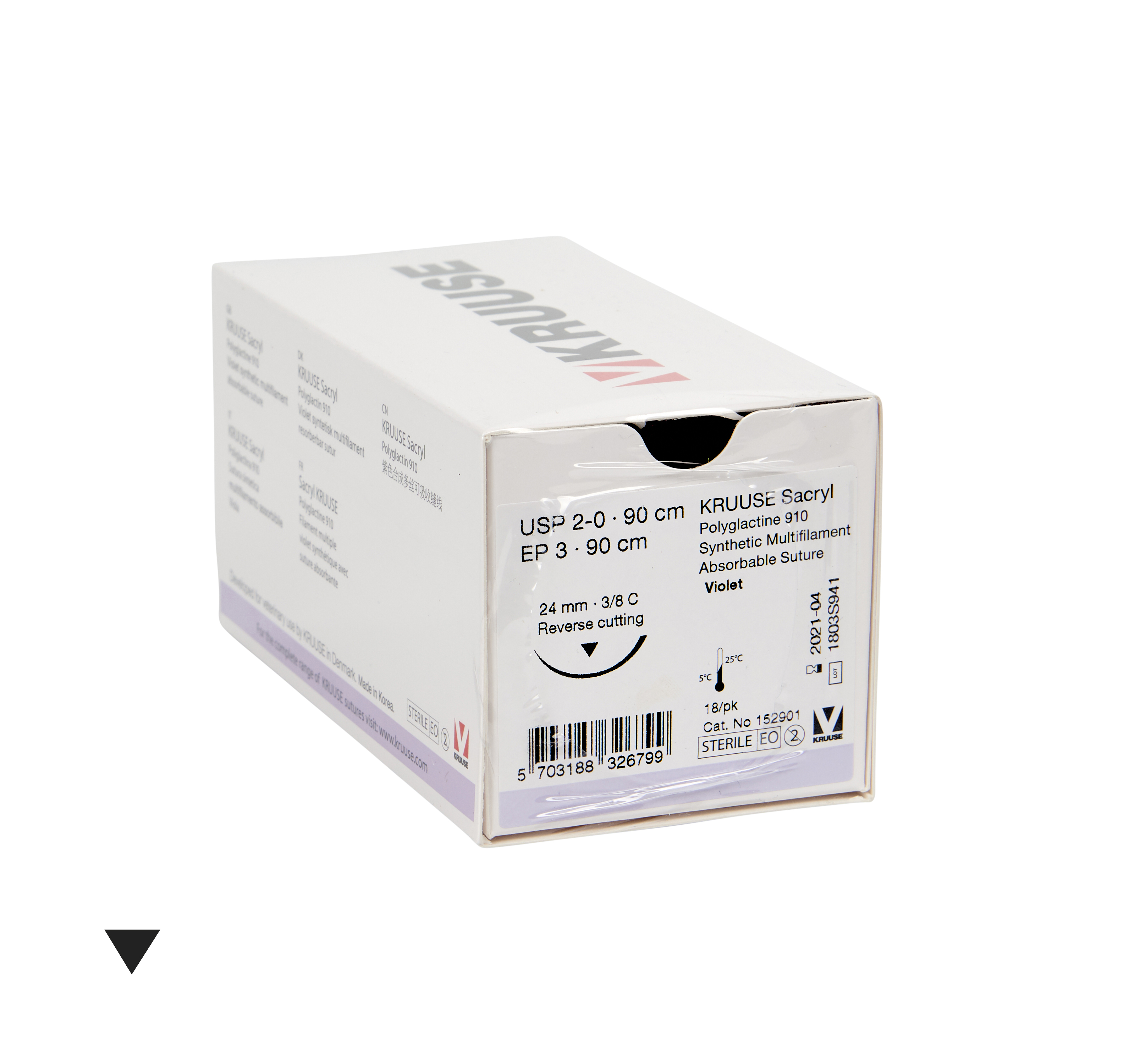 KRUUSE Sacryl Suture, USP 2-0/EP 3, 90 cm, violet, needle: 24 mm, 3/8 C, RC, 18/pk