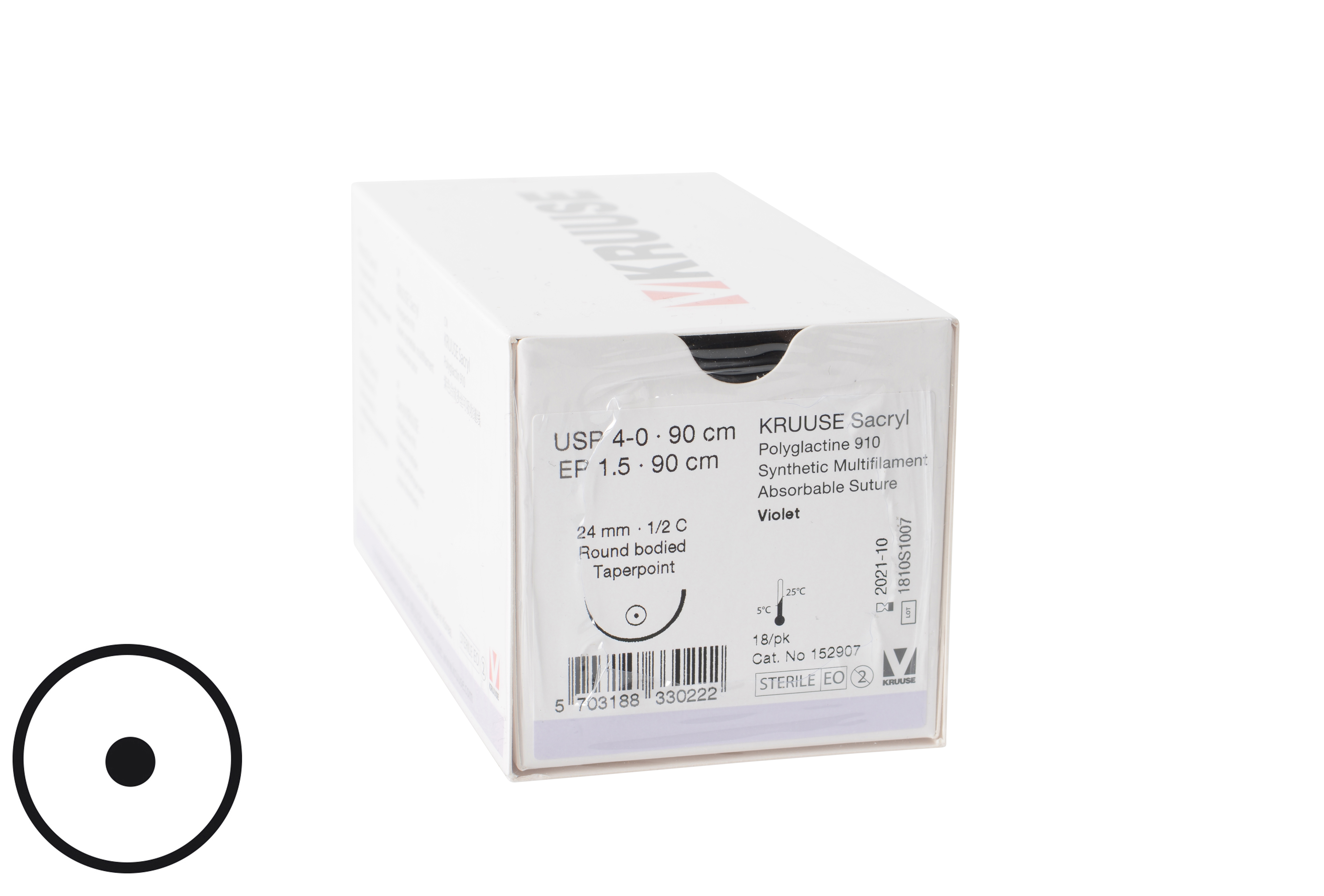 KRUUSE Sacryl Suture, USP 4-0/EP 1.5, 90 cm, needle: 24 mm, ½ C, round bodied, taperpoint, 18/pk