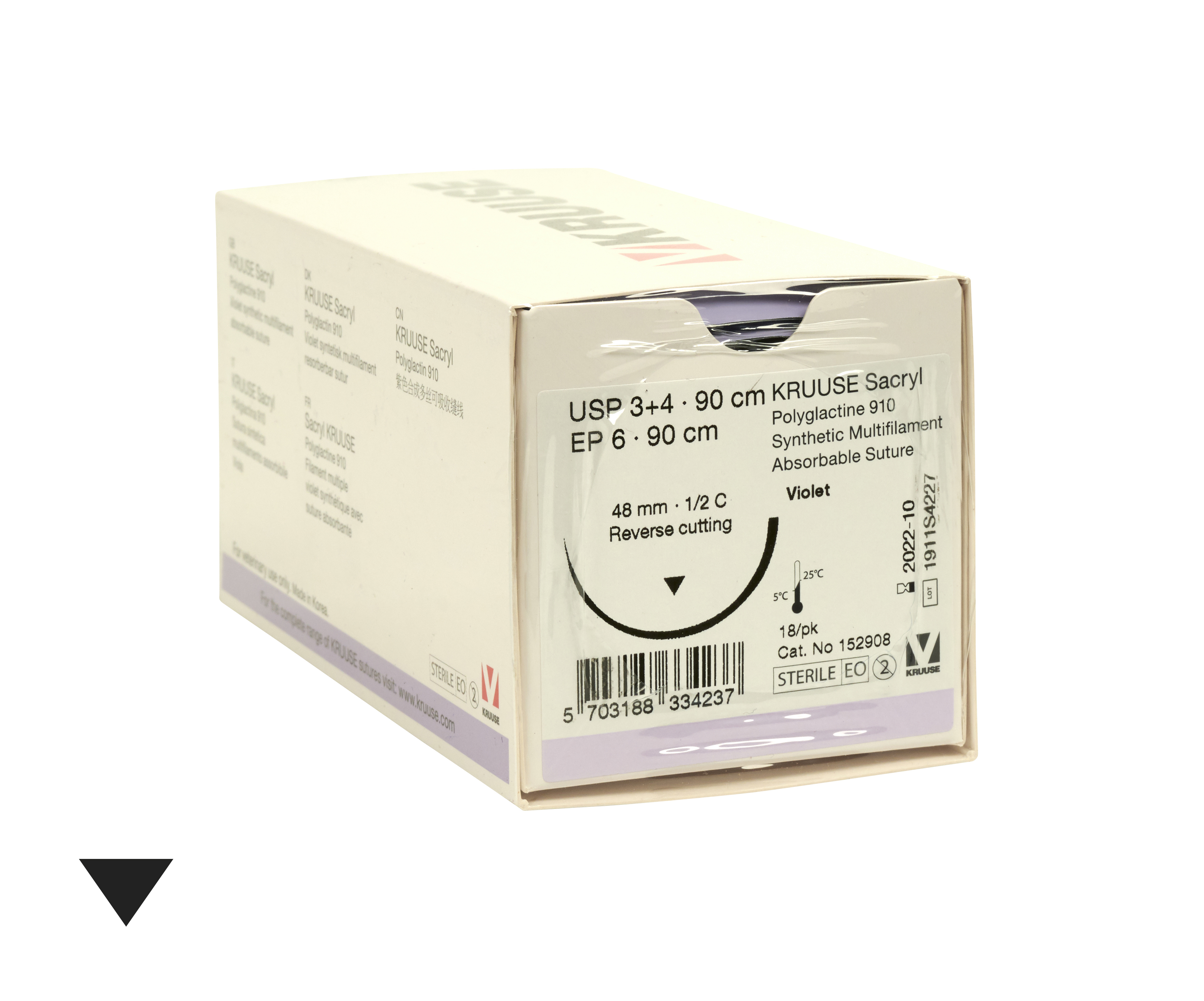 KRUUSE Sacryl suture, USP 3+4/EP 6, 90 cm. Needle: 48 mm, ½C RC, 18/pk