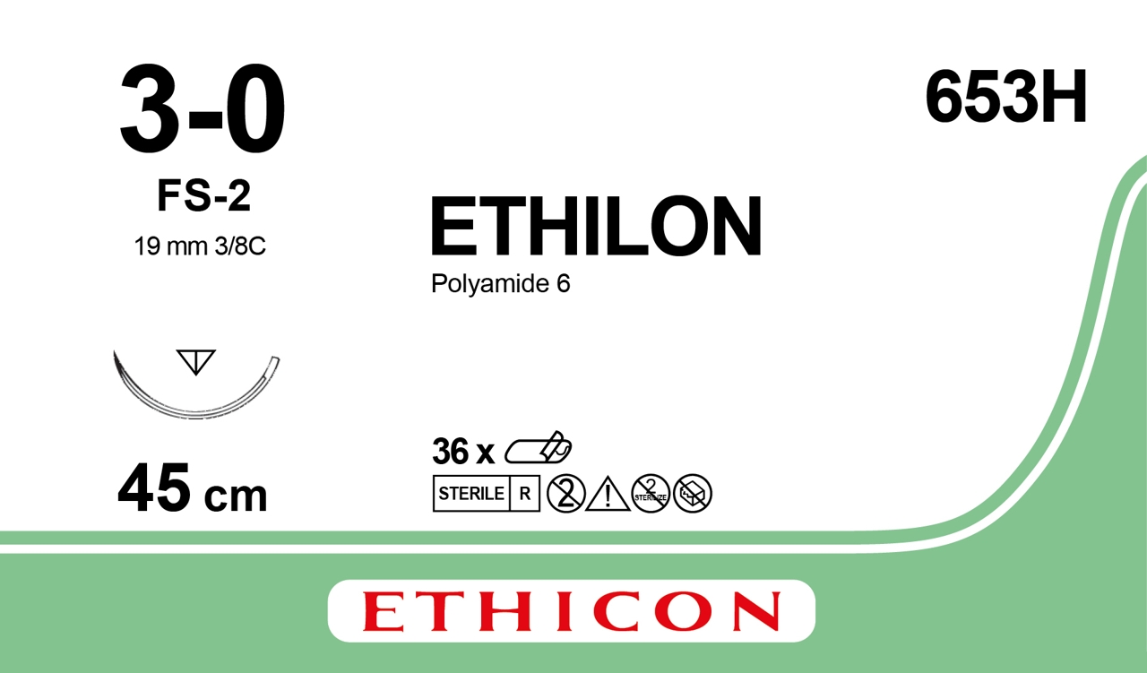 Ethicon Ethilon, 3/0, FS-2, 19 mm, svart, 45 cm, [653H] 36 st