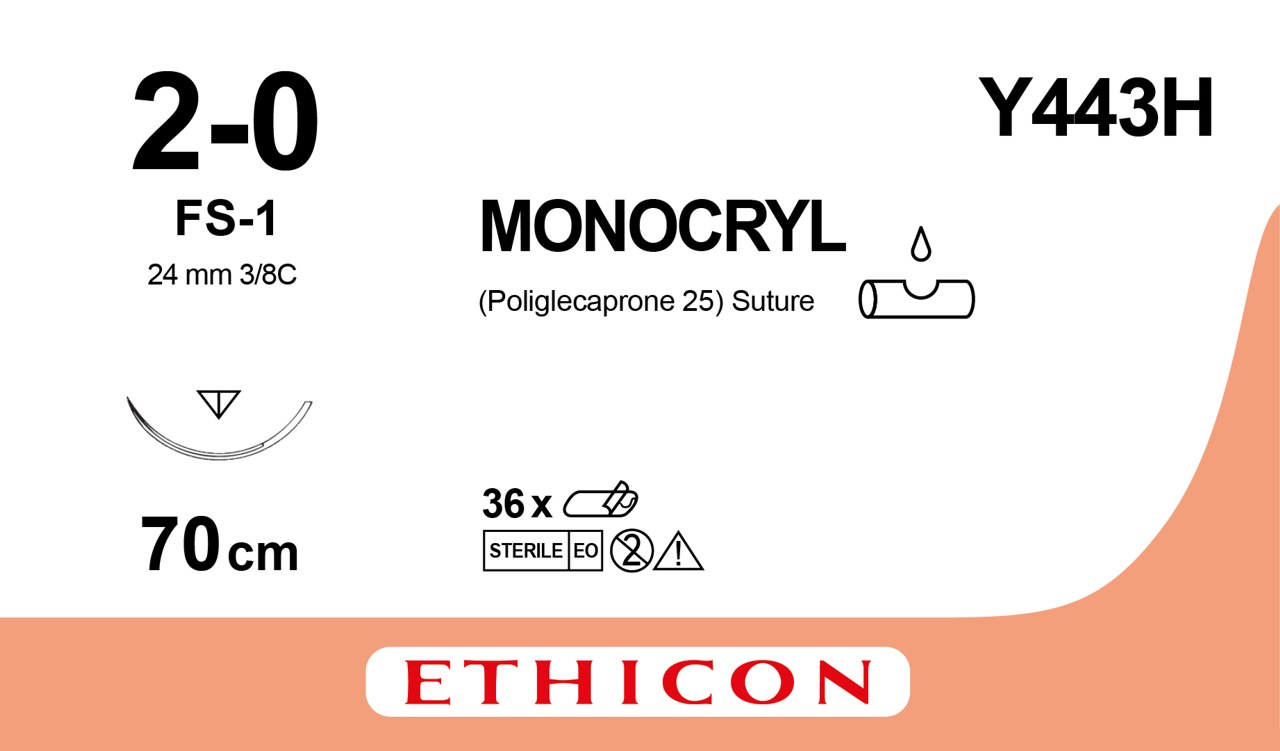 Ethicon Monocryl, 2/0, FS-1, 24 mm, ofärgad, 70 cm [Y443H] 36 st