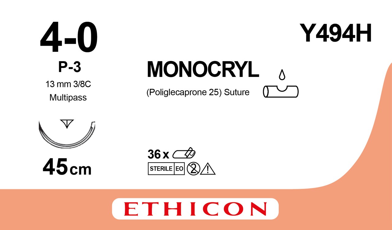 Ethicon Monocryl, 4/0, P-3, 13 mm, ofärgad, 45 cm, [Y494H] 36 st