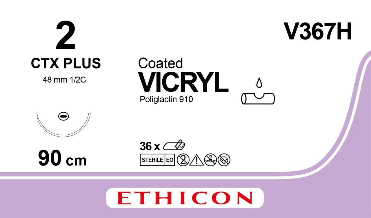 Ethicon Vicryl, 2, CTX, 48 mm, lila, 90 cm, [V367H] 36 st