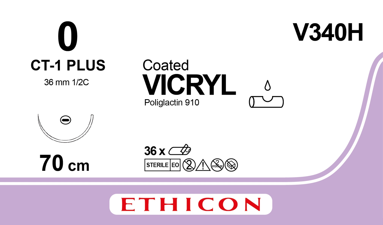 Ethicon Vicryl, 0, CT-1, 36 mm, lilla, 70 cm, [V340H] 36 stk