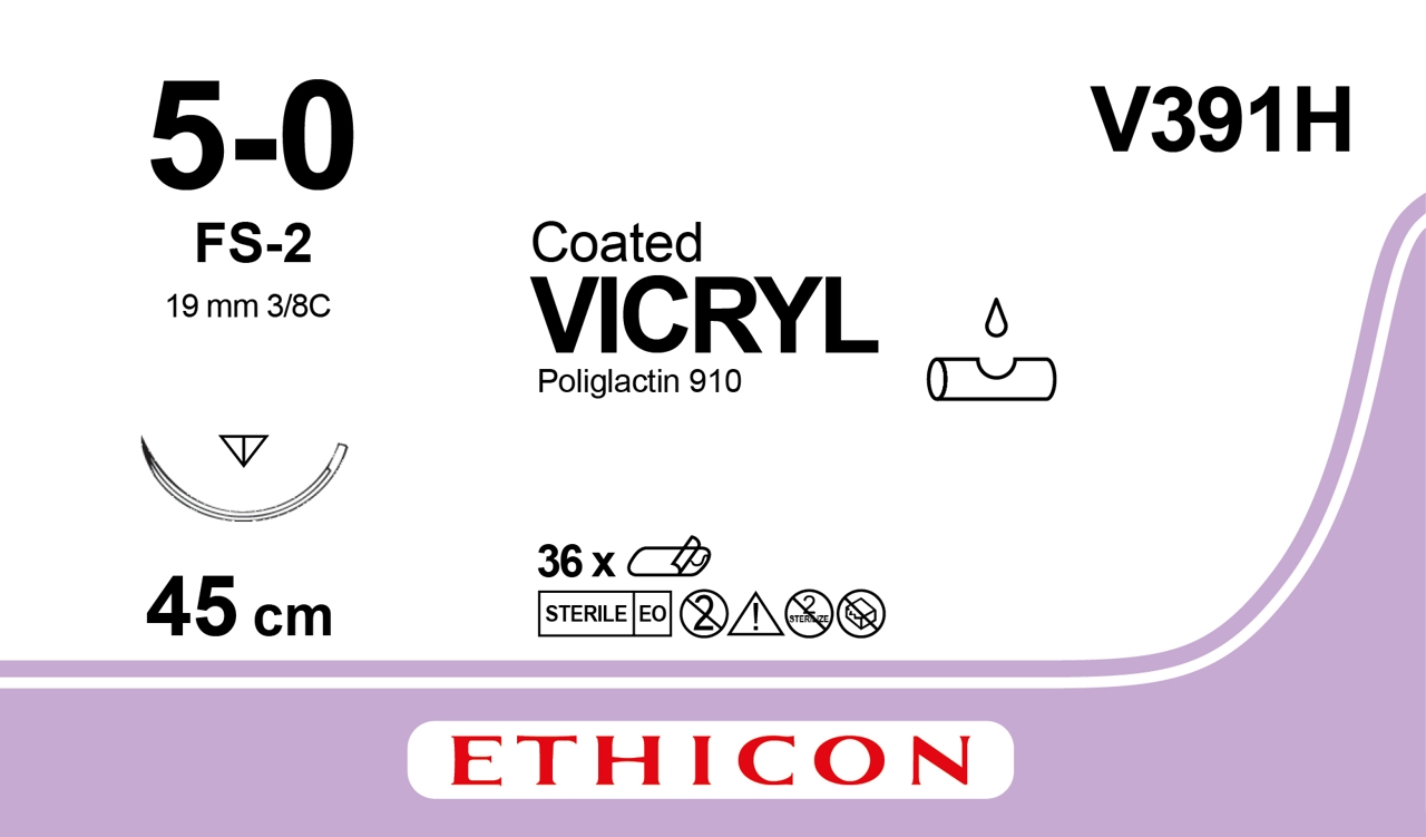 Ethicon Vicryl, 5/0, FS-2, 19 mm, lila, 45 cm, [V391H] 36 st