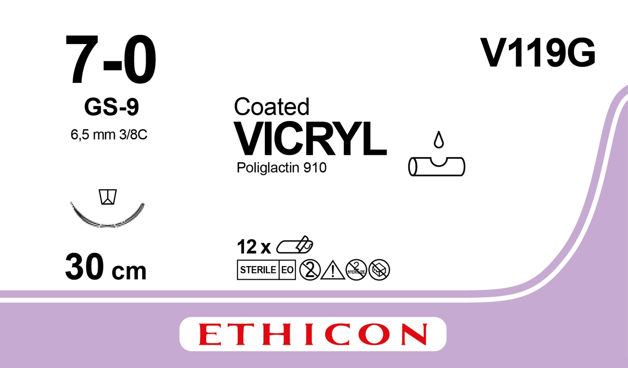 Ethicon Vicryl, 7/0, GS-9, 6,5 mm, lilla, 30 cm, [V119G] 12 stk