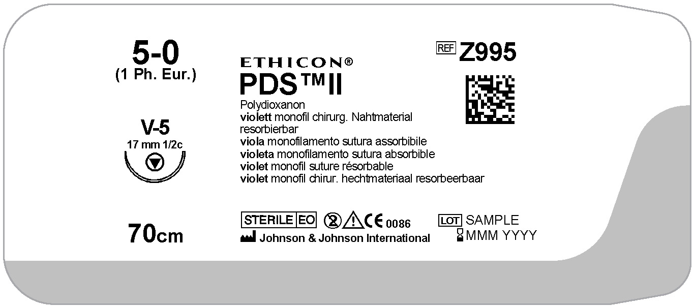 Ethicon PDS, 5/0, V-5, 18 mm, lilla, 70 cm, [Z995H] 36 stk