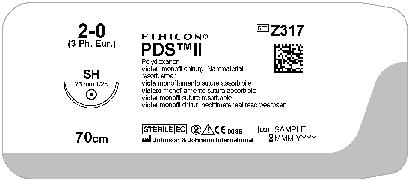 Ethicon PDS, 2/0, SH, 26 mm, lilla, 70 cm, [Z317H] 36 stk