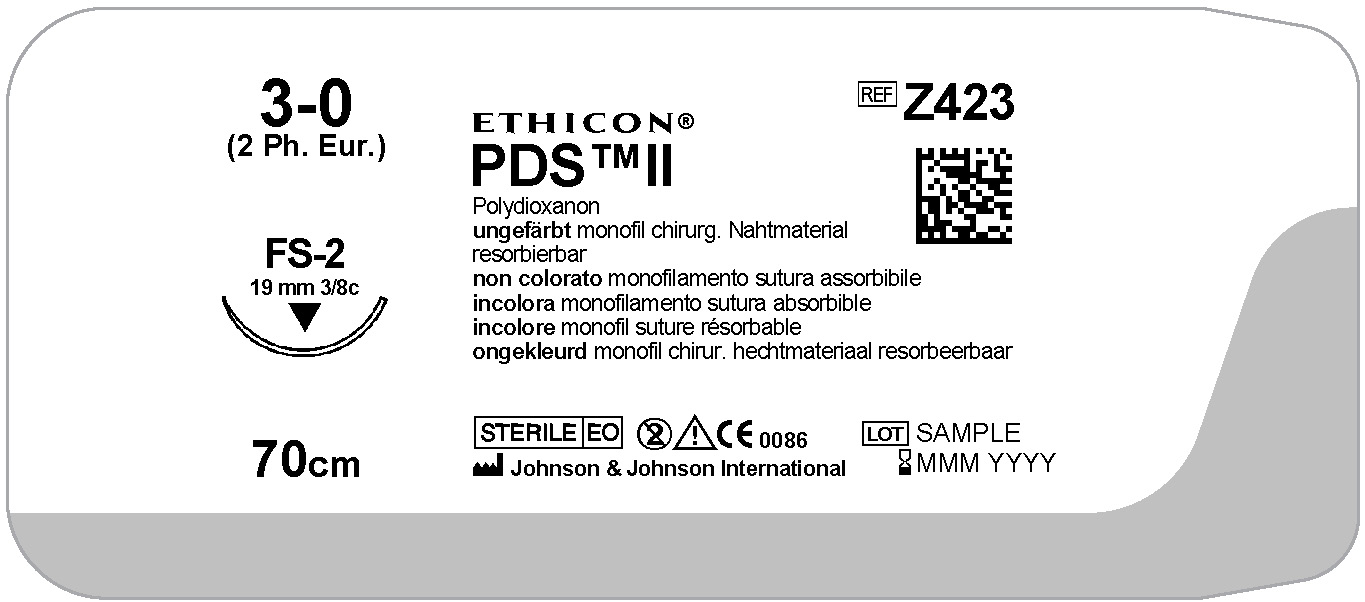 Ethicon PDS, 3/0, FS-2, 19 mm, ofärgad, 70 cm, [Z423E] 24 st