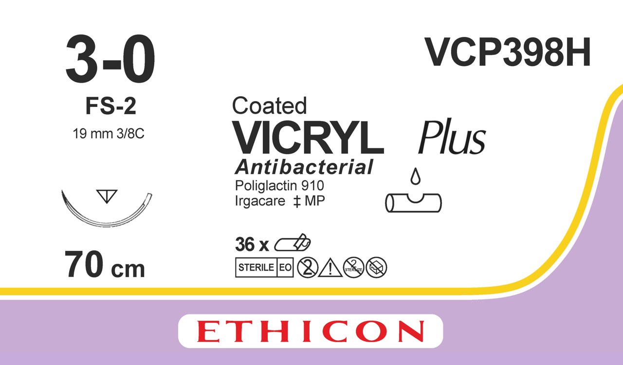 Ethicon Vicryl Plus, 3/0, FS-2, 19 mm, lilla, 70 cm, [VCP398H] 36 stk