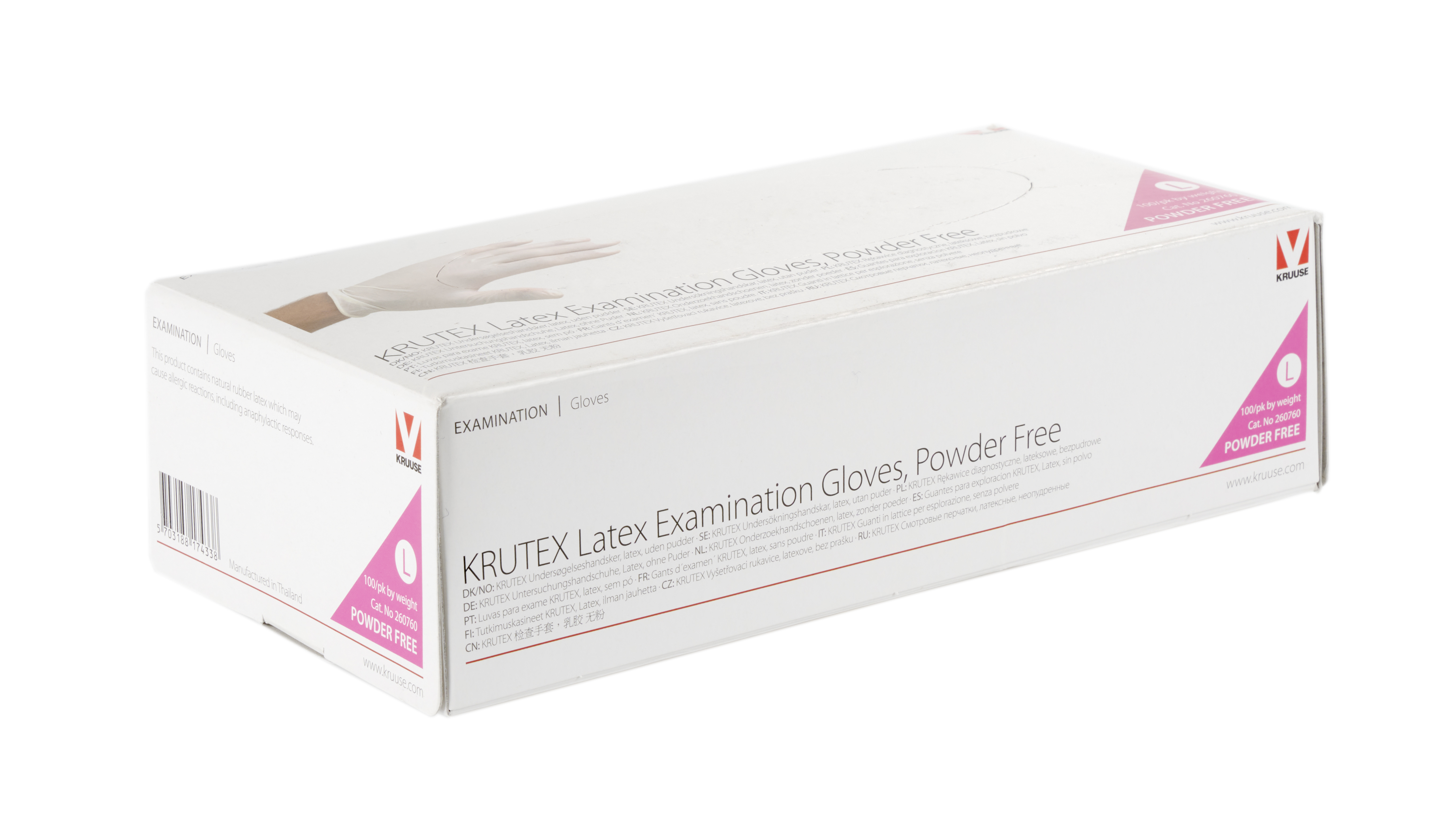KRUTEX Examination Gloves, latex, powder free, L, 100/pk