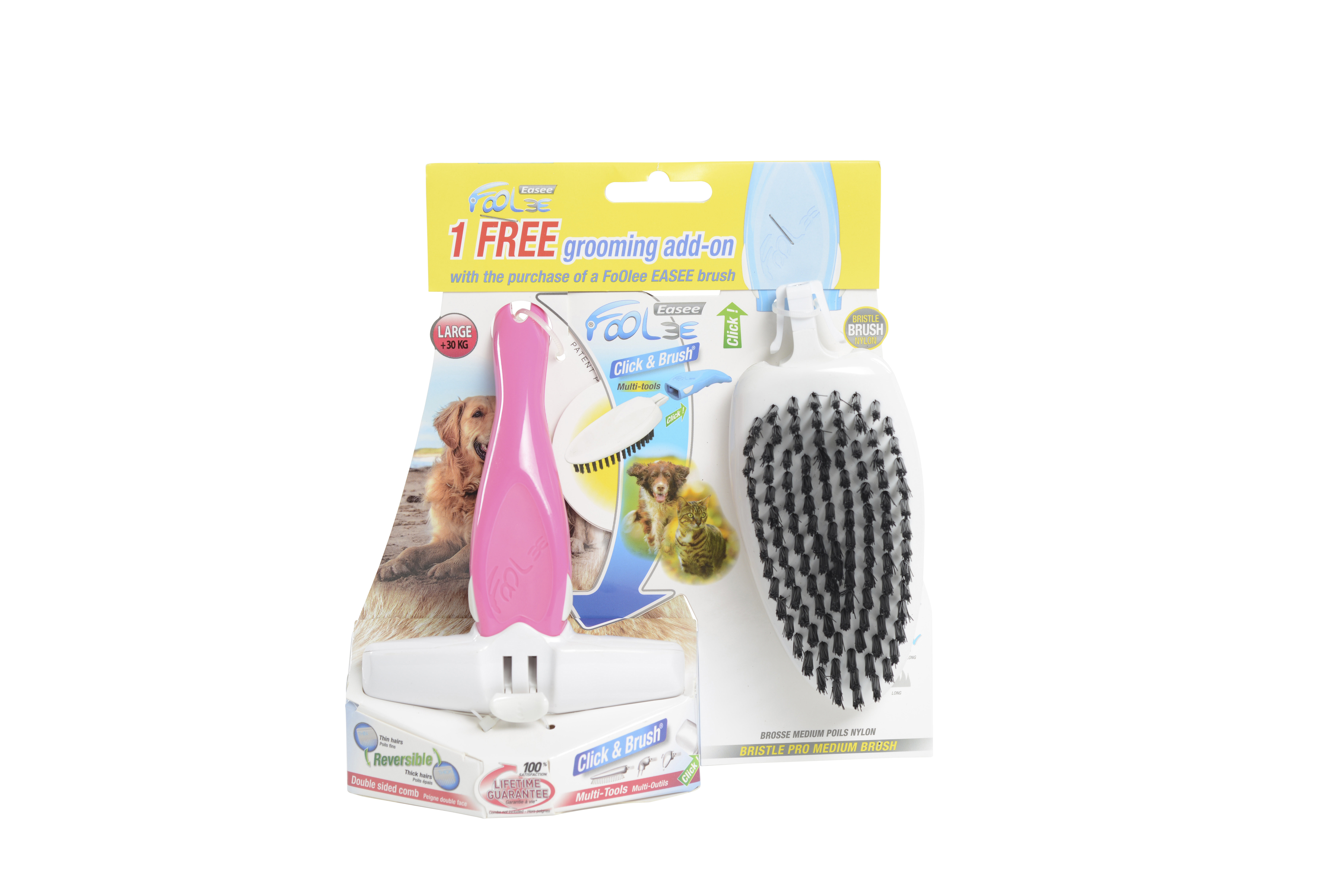 FoOlee Easee Duopack w/soft brush for dog, pink, L